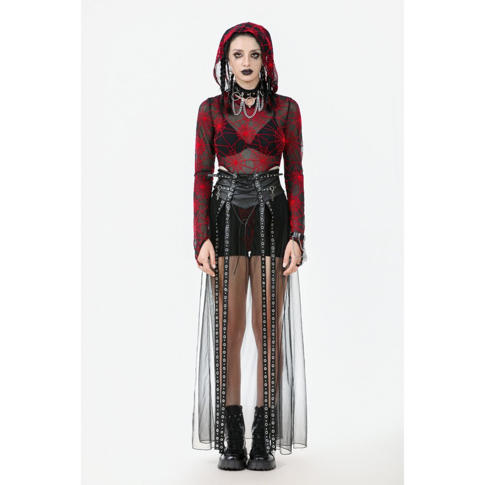 Dark in Love Gothic Sheer Mesh Maxi Skirt with PU Waist Corset - Size UK 8 Left Only!