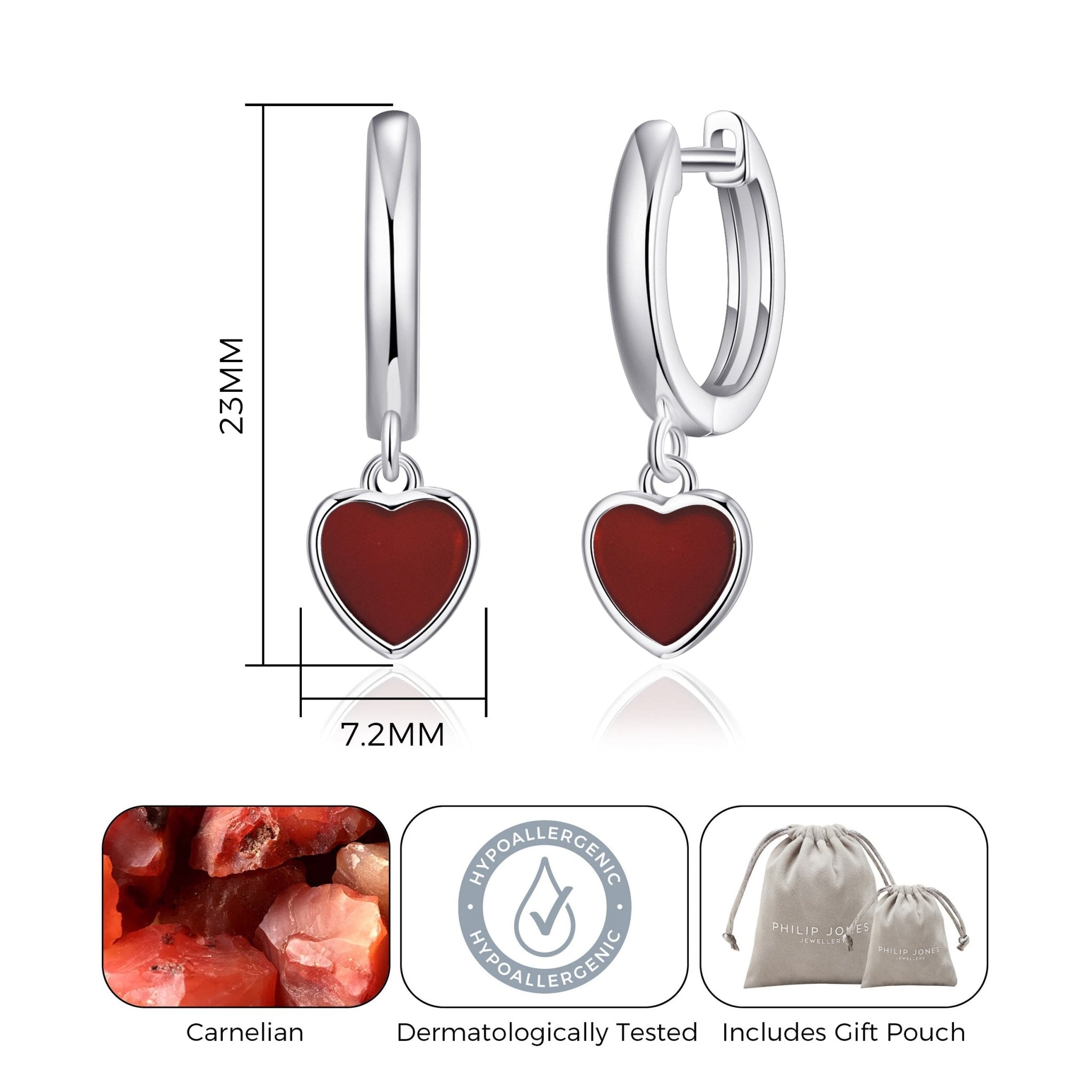 Carnelian Gemstone Heart Charm Hoop Earrings with Quote Card