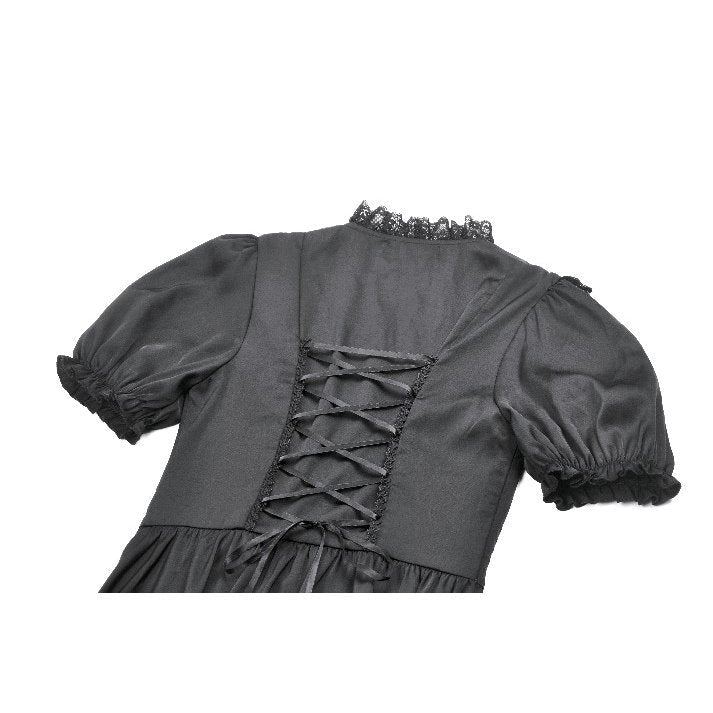 Dark in Love Belladonna Lace-Up High Collar Puff Sleeve Goth Dress  in Black