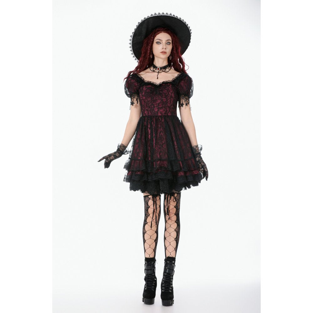 Dark in Love Burgundy & Black Lace Princess Dress with Stars Lace