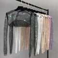 Cropped Embellished Mesh Top