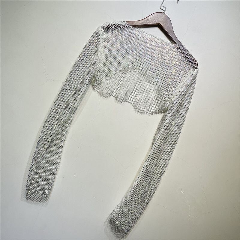 Cropped Embellished Mesh Top