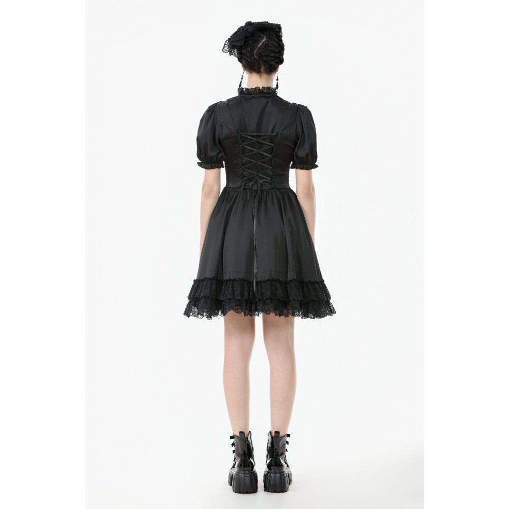 Dark in Love Belladonna Lace-Up High Collar Puff Sleeve Goth Dress  in Black