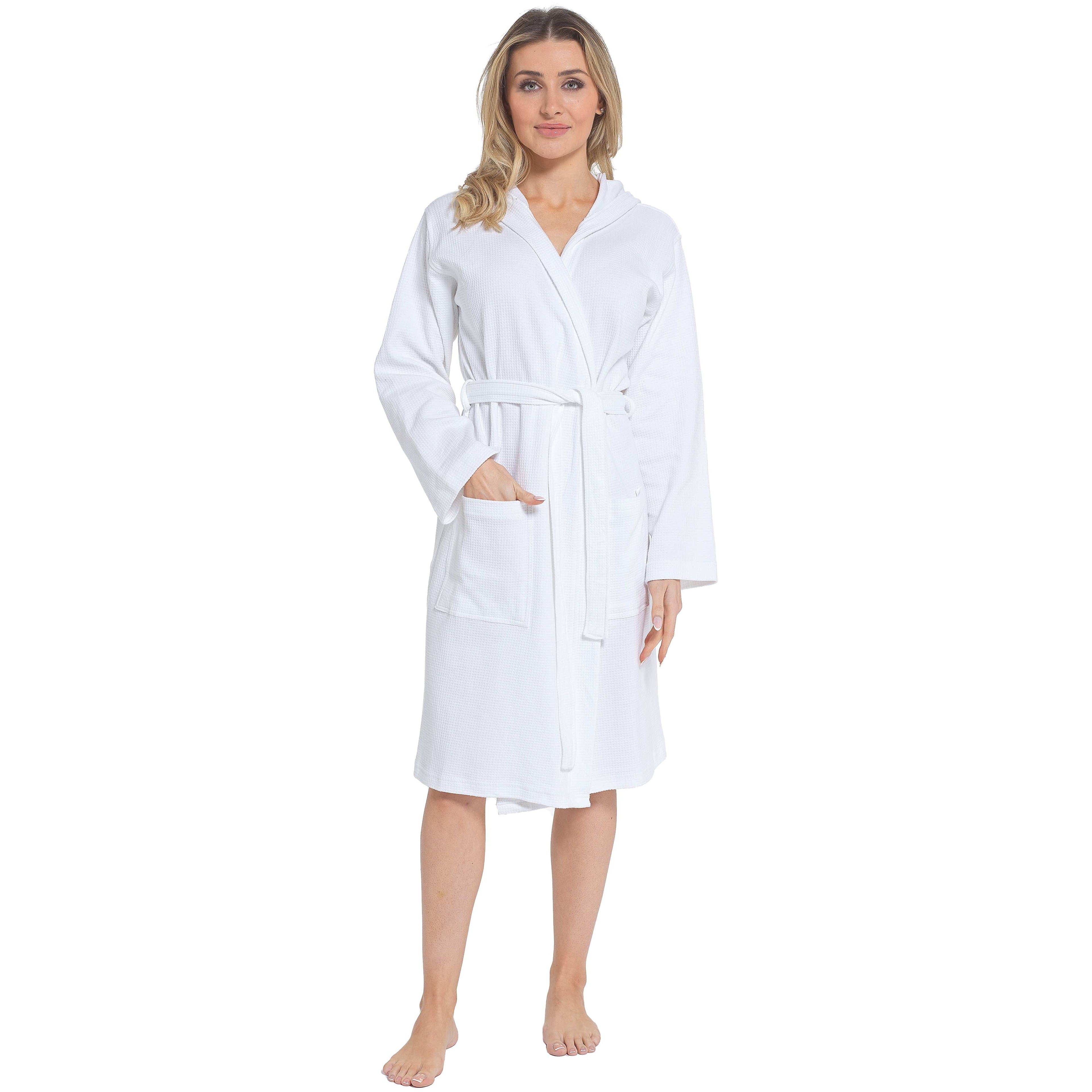 OLIVIA ROCCO Hooded Waffle Cotton Bathrobe For Ladies White 100% Cotton Super Absorbent
