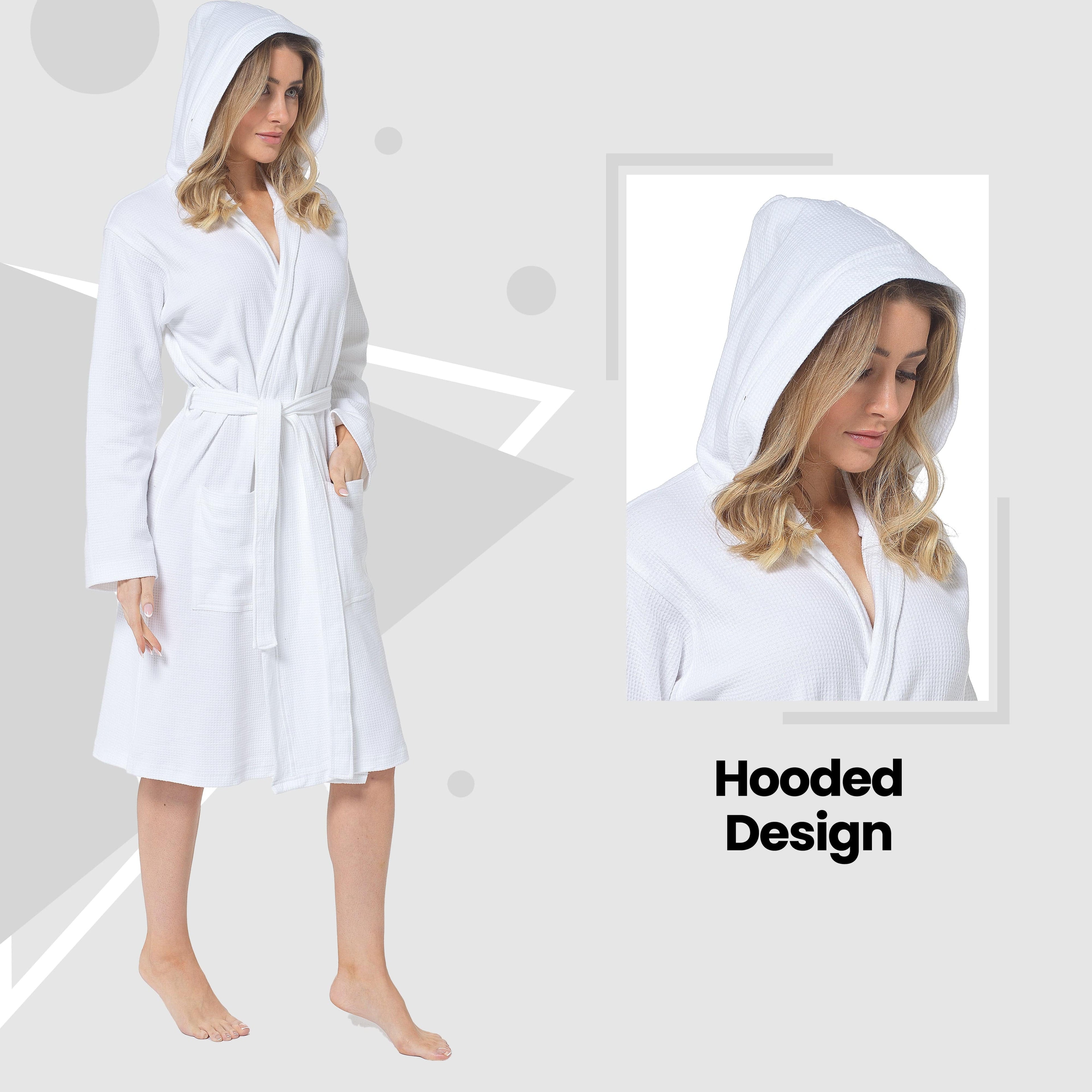OLIVIA ROCCO Hooded Waffle Cotton Bathrobe For Ladies White 100% Cotton Super Absorbent
