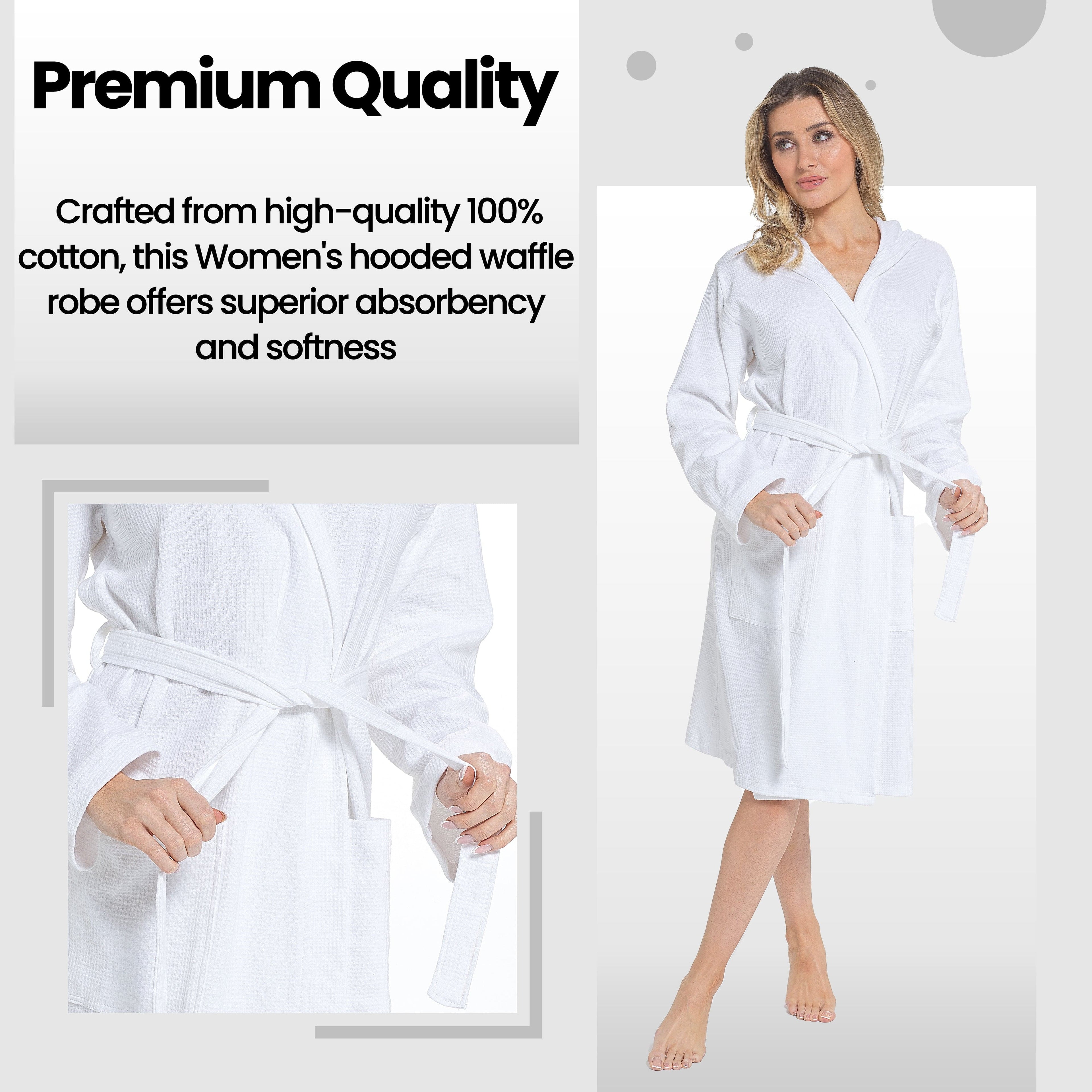 OLIVIA ROCCO Hooded Waffle Cotton Bathrobe For Ladies White 100% Cotton Super Absorbent