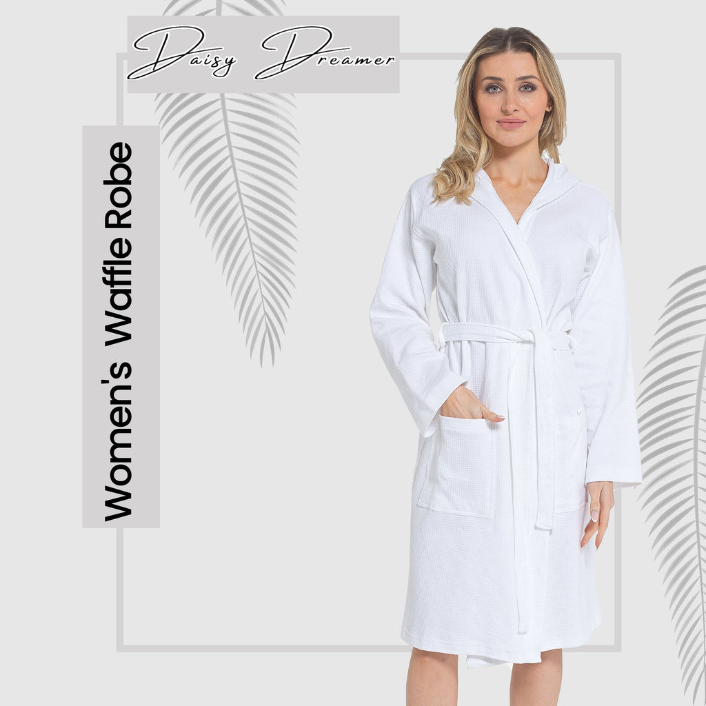OLIVIA ROCCO Hooded Waffle Cotton Bathrobe For Ladies White 100% Cotton Super Absorbent