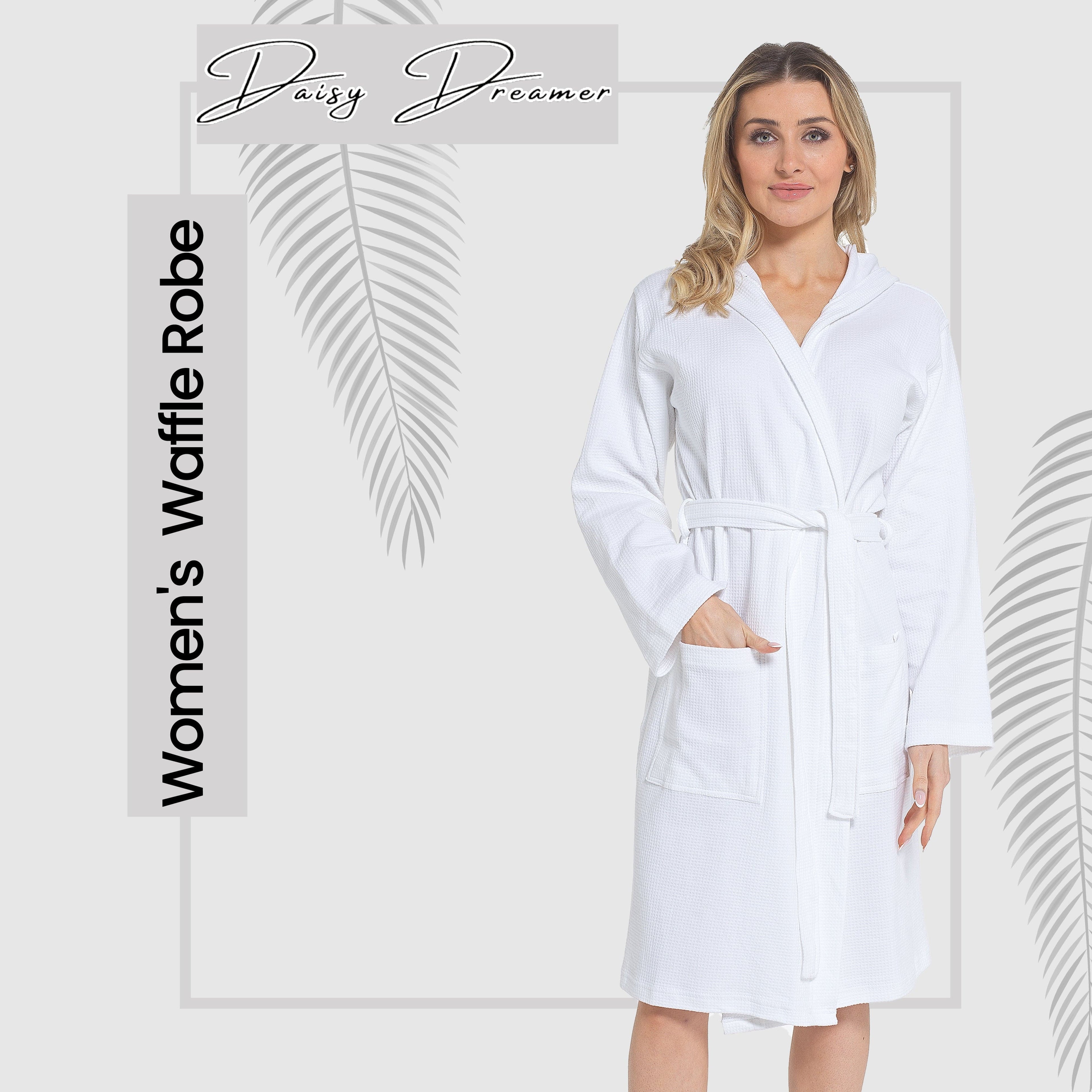 OLIVIA ROCCO Hooded Waffle Cotton Bathrobe For Ladies White 100% Cotton Super Absorbent