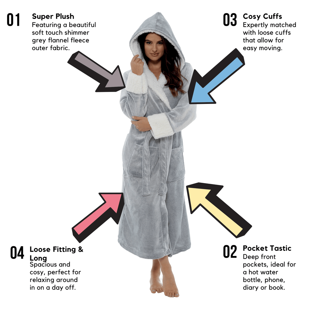 OLIVIA ROCCO Shimmer Fleece Hooded Bath Robe Grey For Women Luxurious Soft Plush Dressing