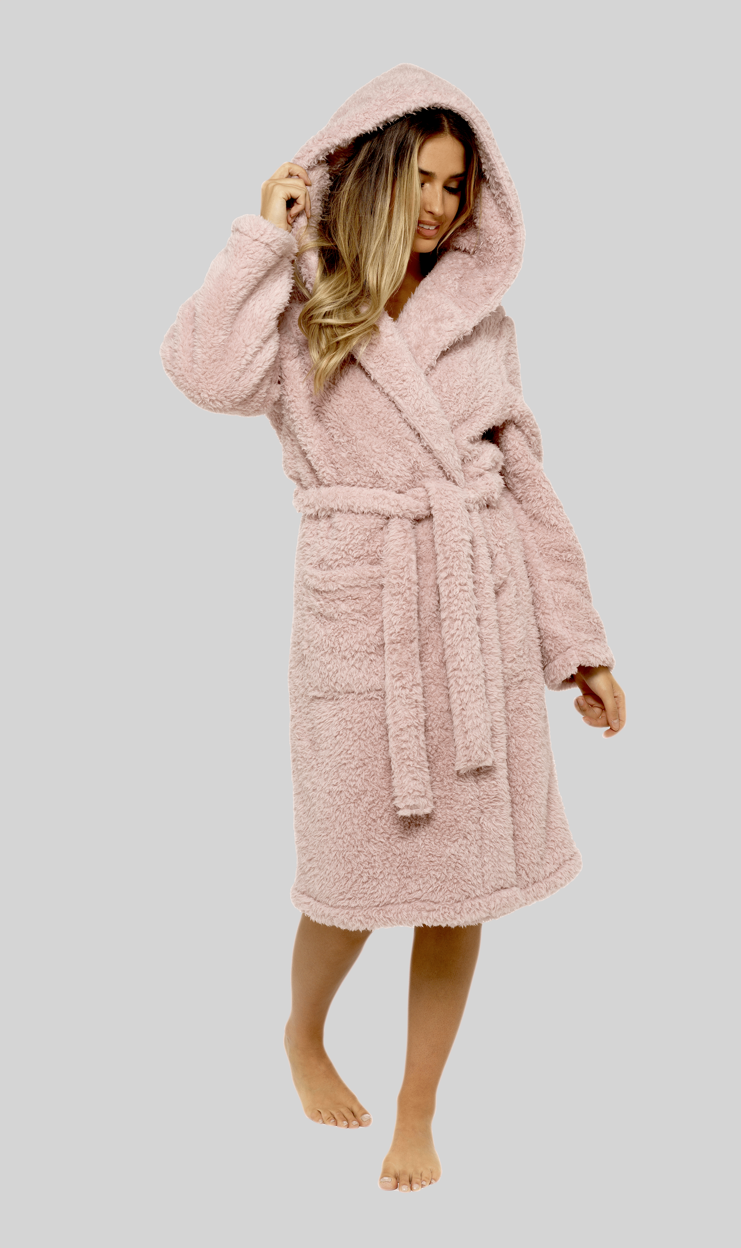 OLIVIA ROCCO Teddy Fleece Hooded Robe Dusky Pink With Sherpa Lining Ultra Soft Dressing