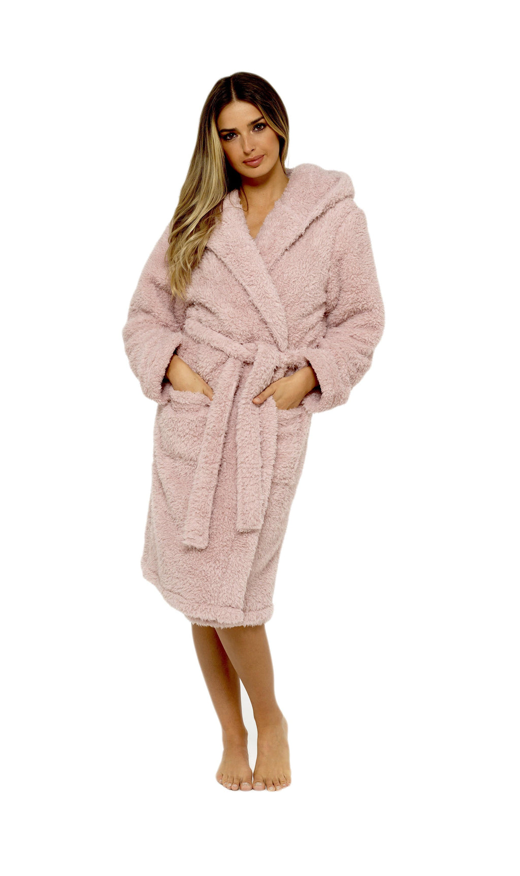 OLIVIA ROCCO Teddy Fleece Hooded Robe Dusky Pink With Sherpa Lining Ultra Soft Dressing