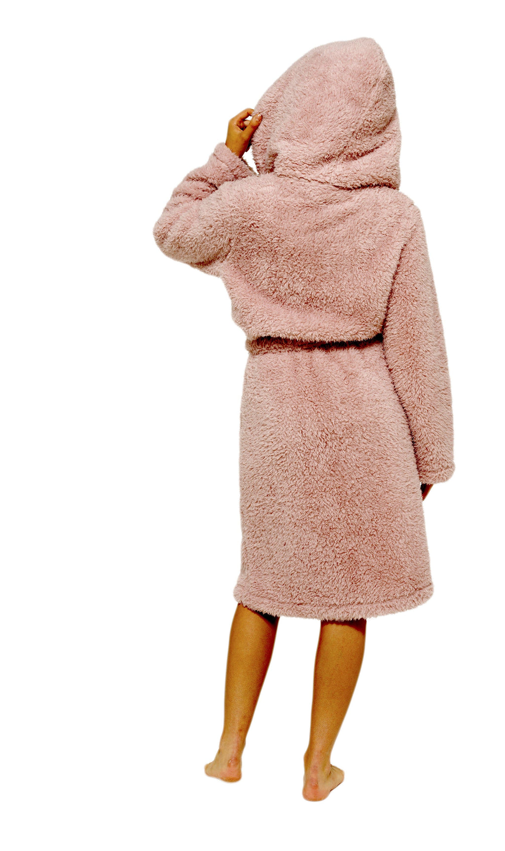 OLIVIA ROCCO Teddy Fleece Hooded Robe Dusky Pink With Sherpa Lining Ultra Soft Dressing