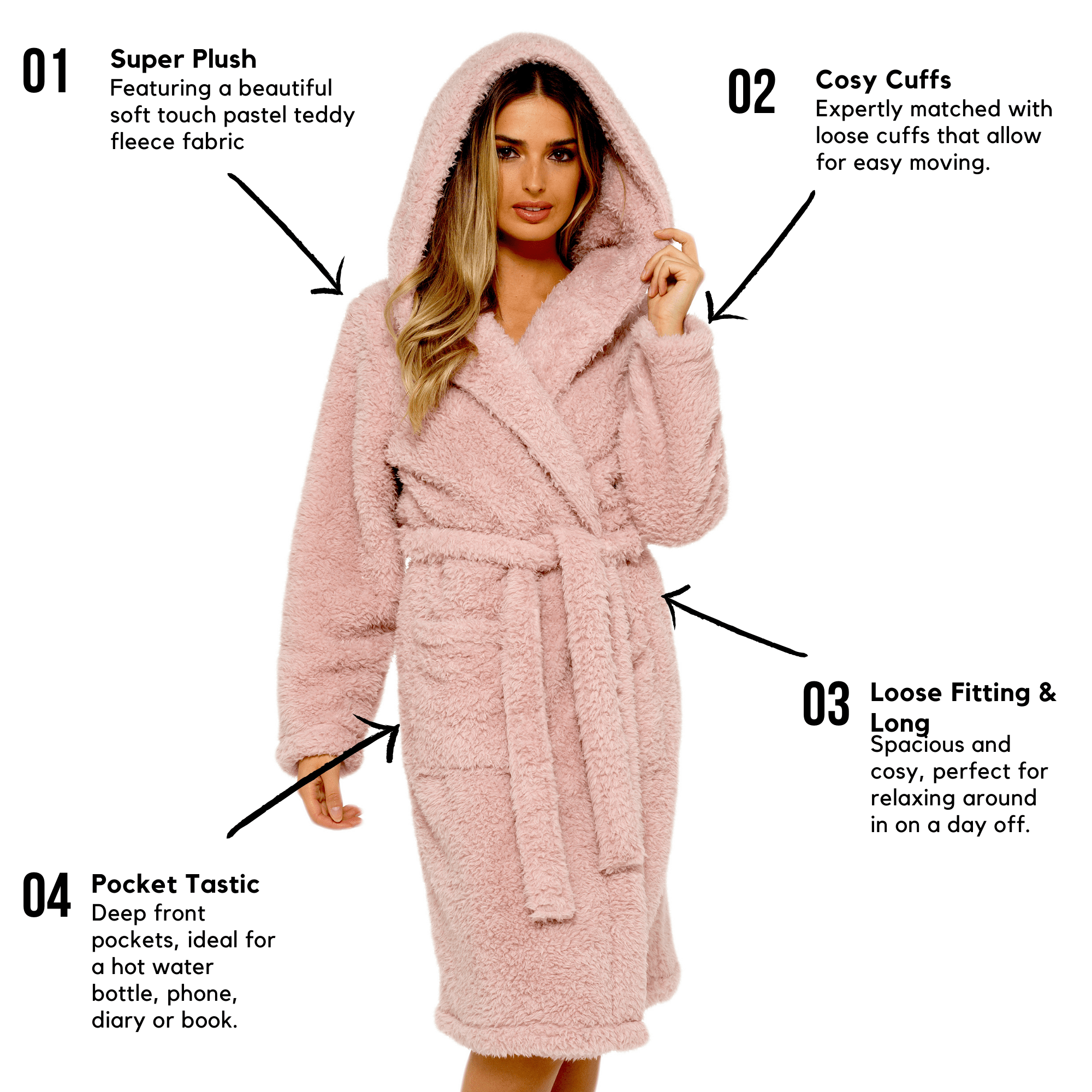 OLIVIA ROCCO Teddy Fleece Hooded Robe Dusky Pink With Sherpa Lining Ultra Soft Dressing