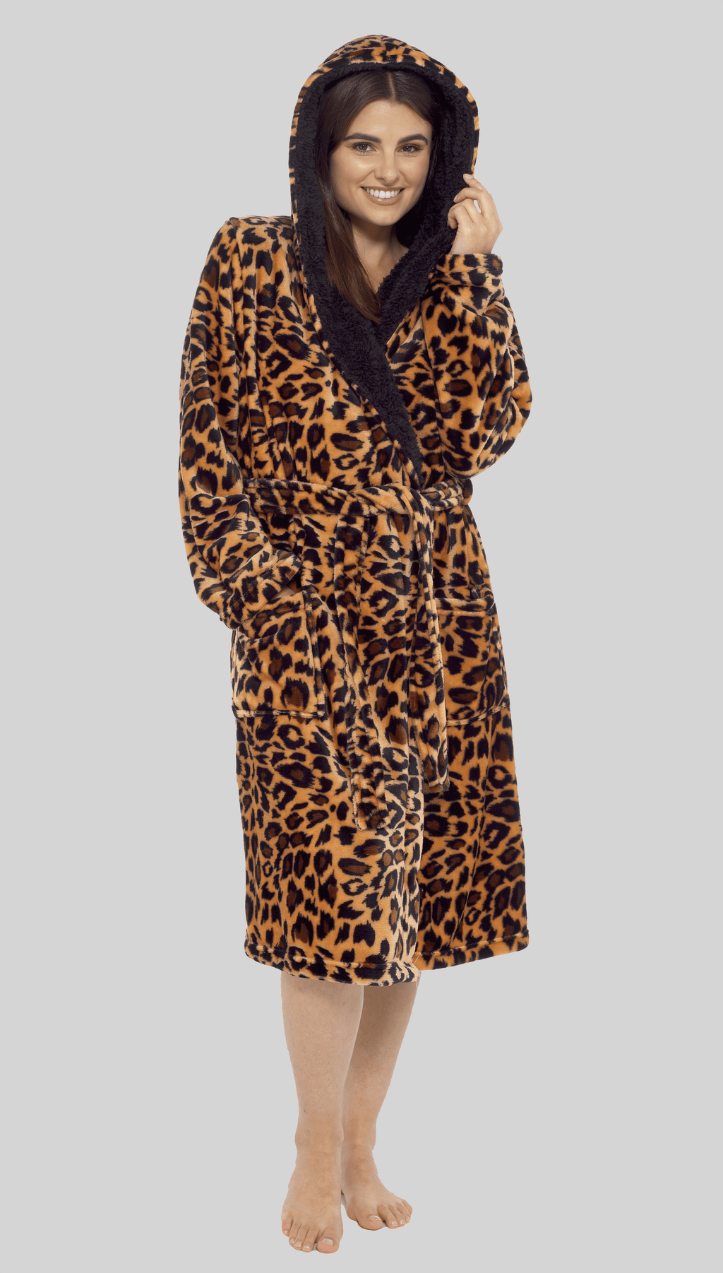 OLIVIA ROCCO Women's Leopard Plush Fleece Hooded Robe With Sherpa Lining Cosy Thermal