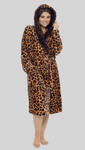 OLIVIA ROCCO Women's Leopard Plush Fleece Hooded Robe With Sherpa Lining Cosy Thermal