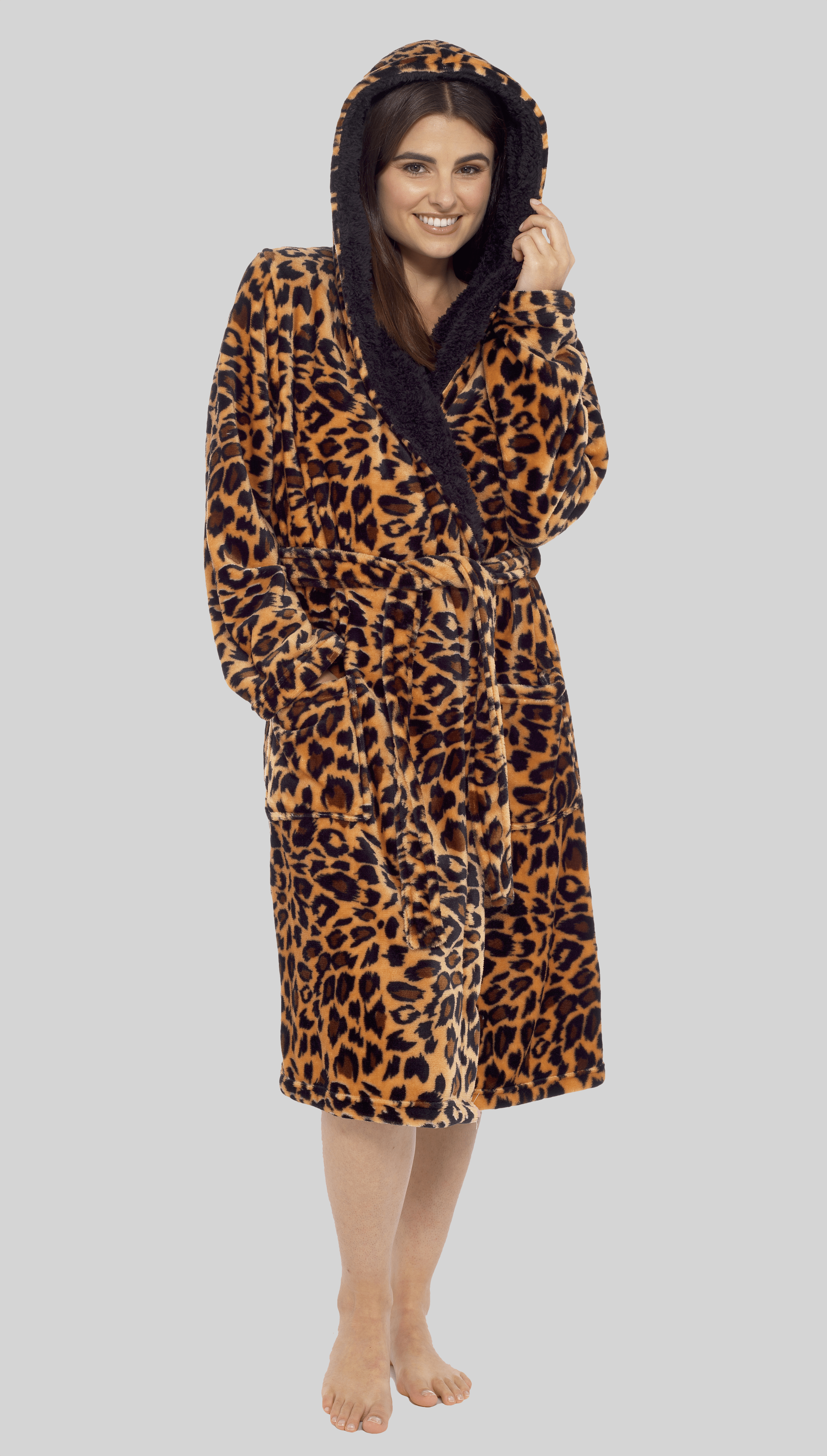 OLIVIA ROCCO Women's Leopard Plush Fleece Hooded Robe With Sherpa Lining Cosy Thermal