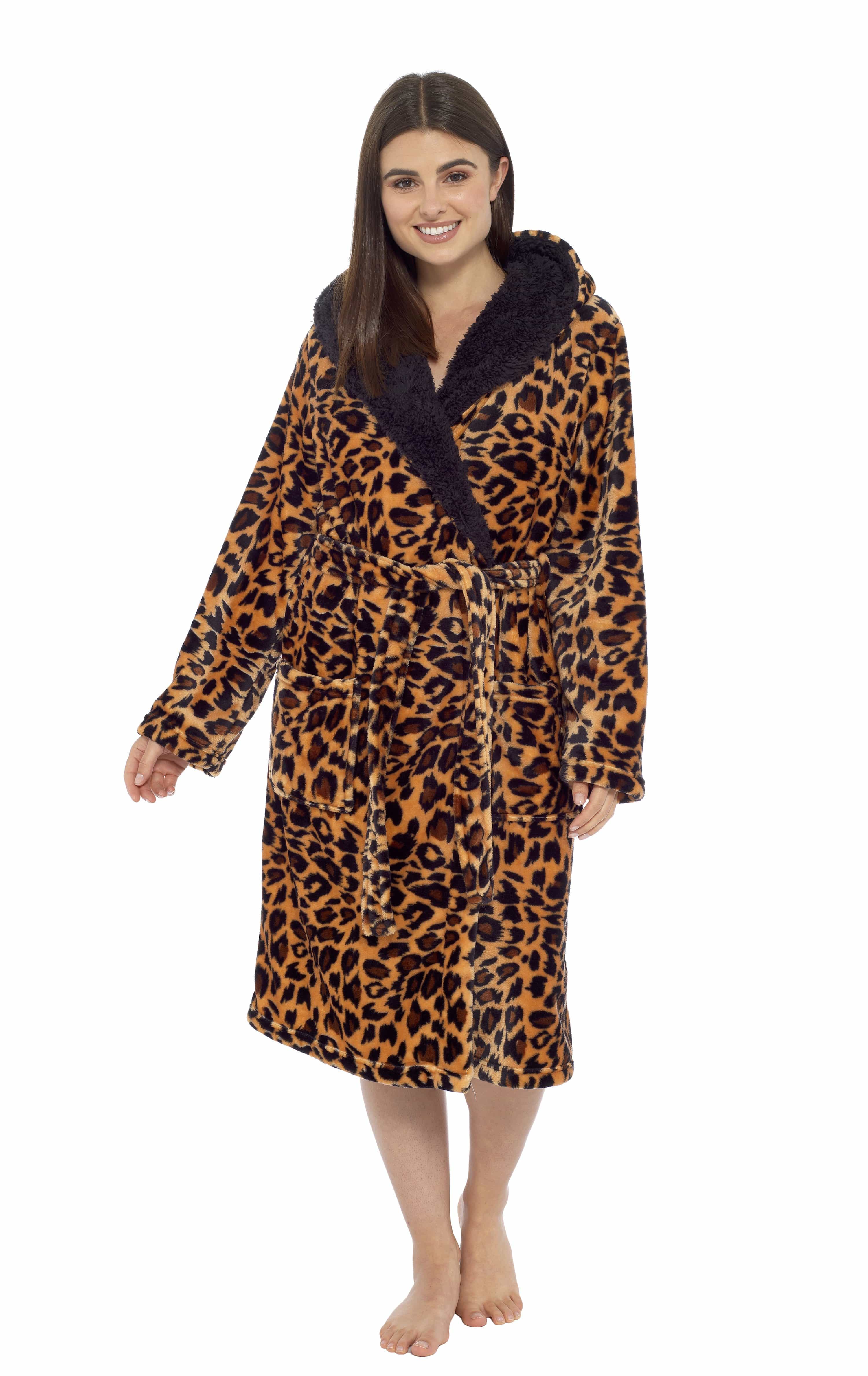 OLIVIA ROCCO Women's Leopard Plush Fleece Hooded Robe With Sherpa Lining Cosy Thermal