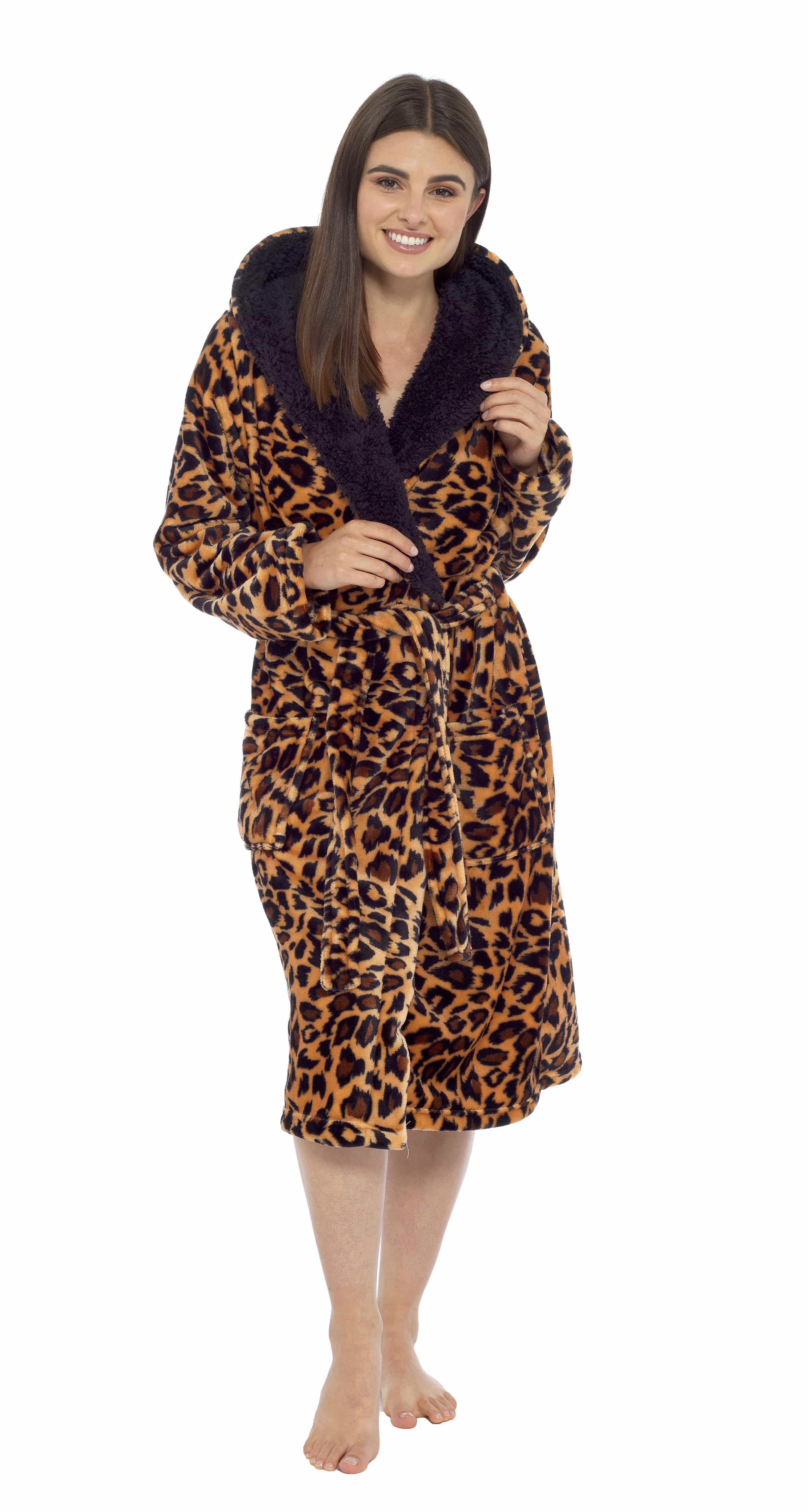 OLIVIA ROCCO Women's Leopard Plush Fleece Hooded Robe With Sherpa Lining Cosy Thermal