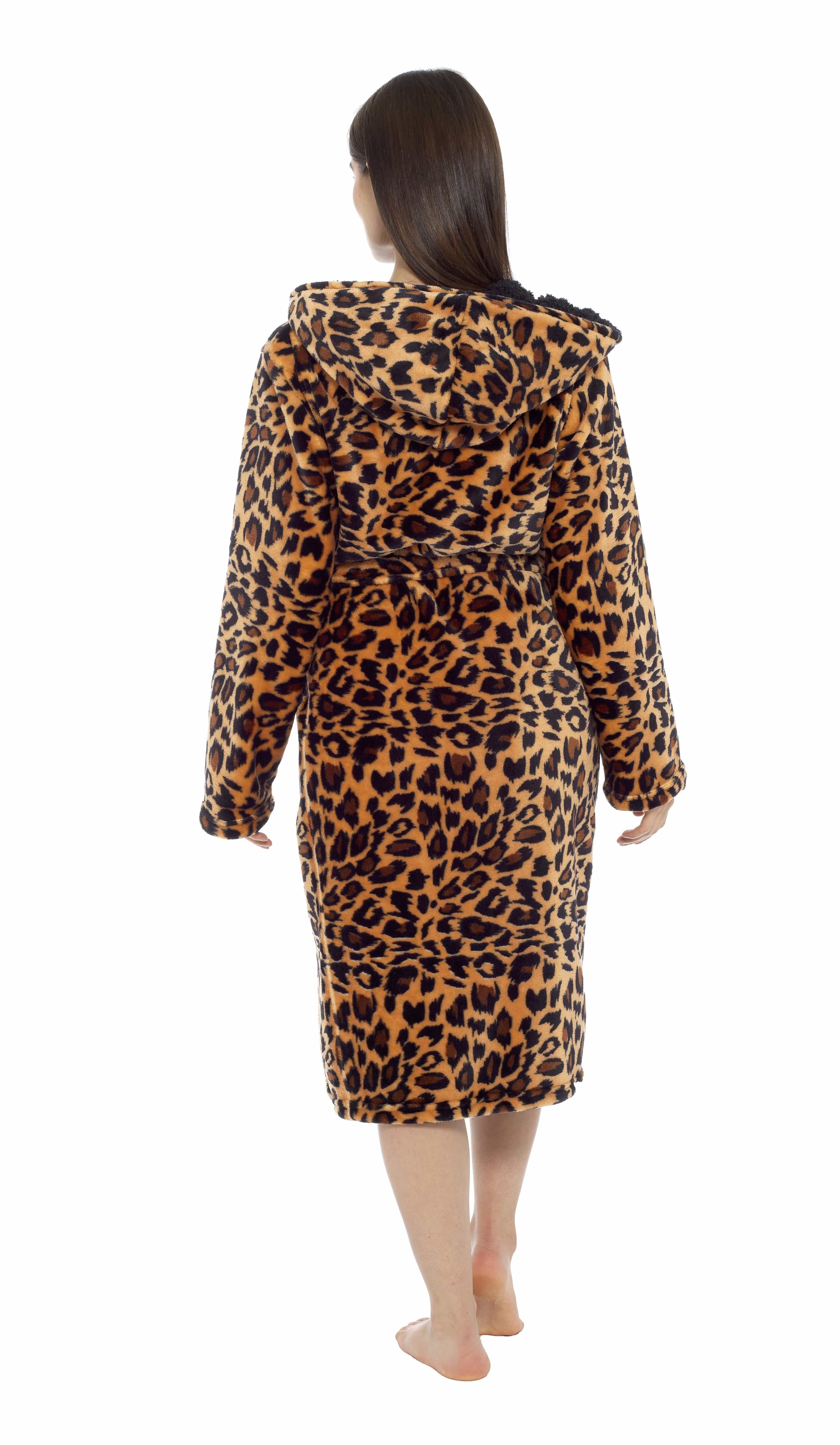 OLIVIA ROCCO Women's Leopard Plush Fleece Hooded Robe With Sherpa Lining Cosy Thermal