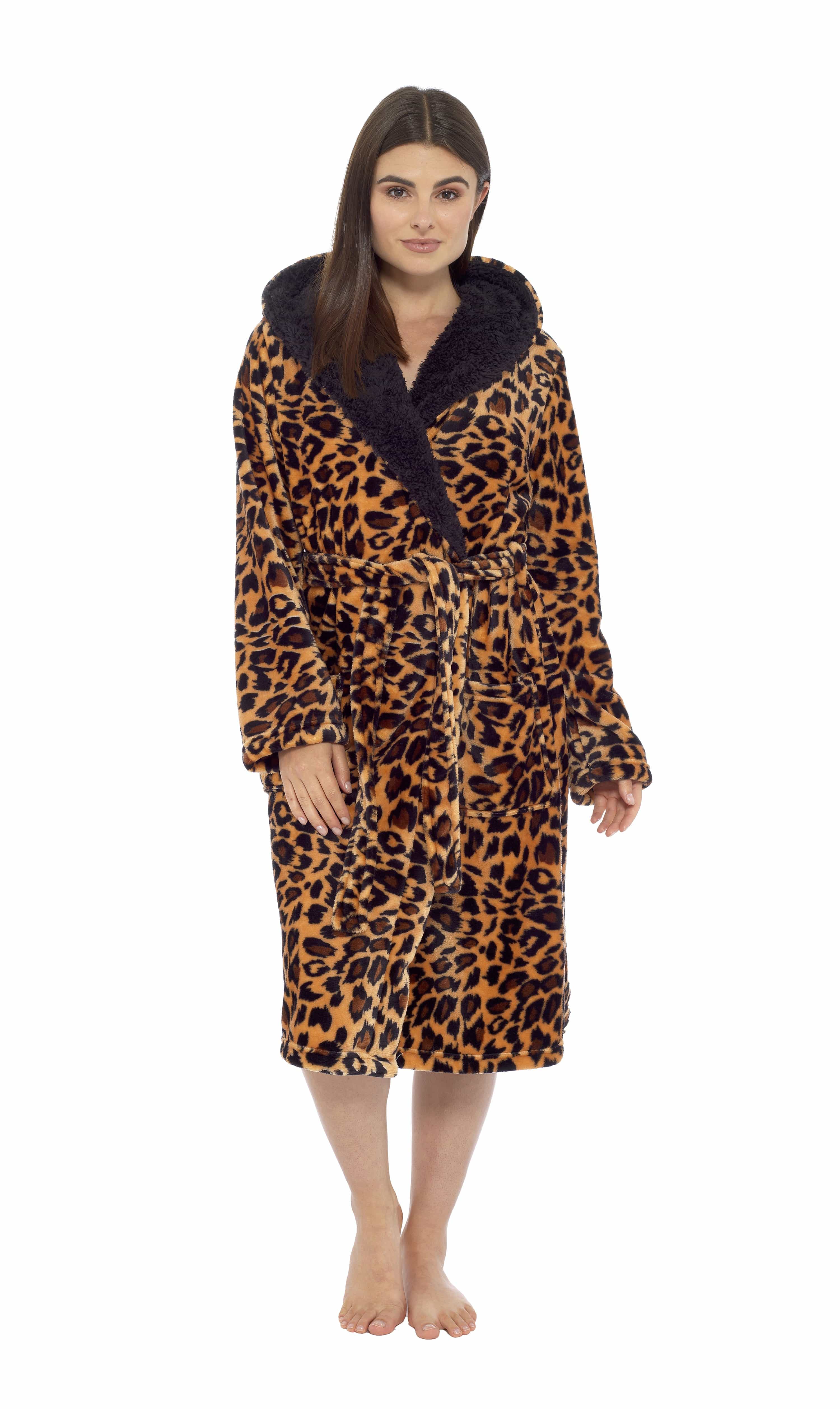 OLIVIA ROCCO Women's Leopard Plush Fleece Hooded Robe With Sherpa Lining Cosy Thermal