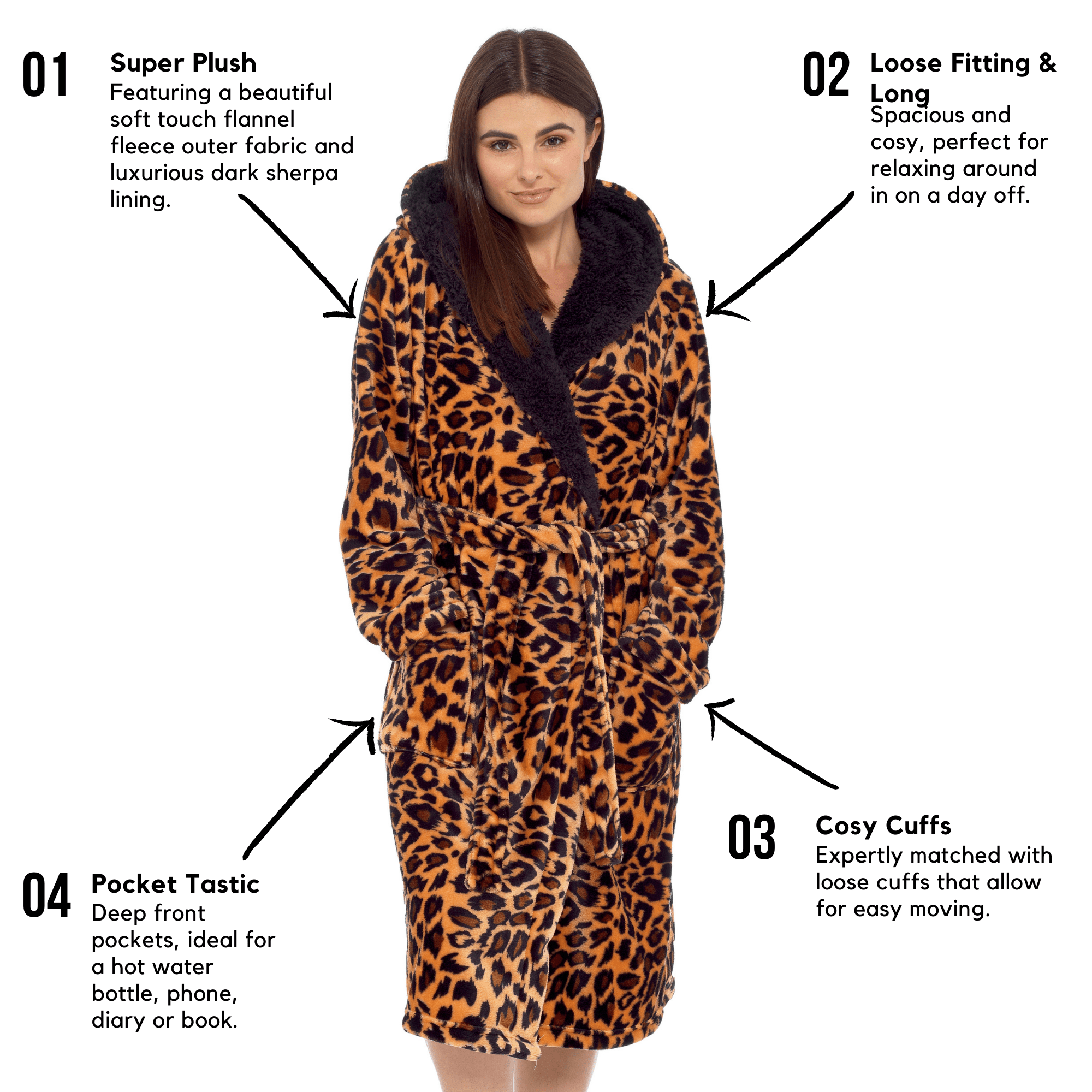 OLIVIA ROCCO Women's Leopard Plush Fleece Hooded Robe With Sherpa Lining Cosy Thermal