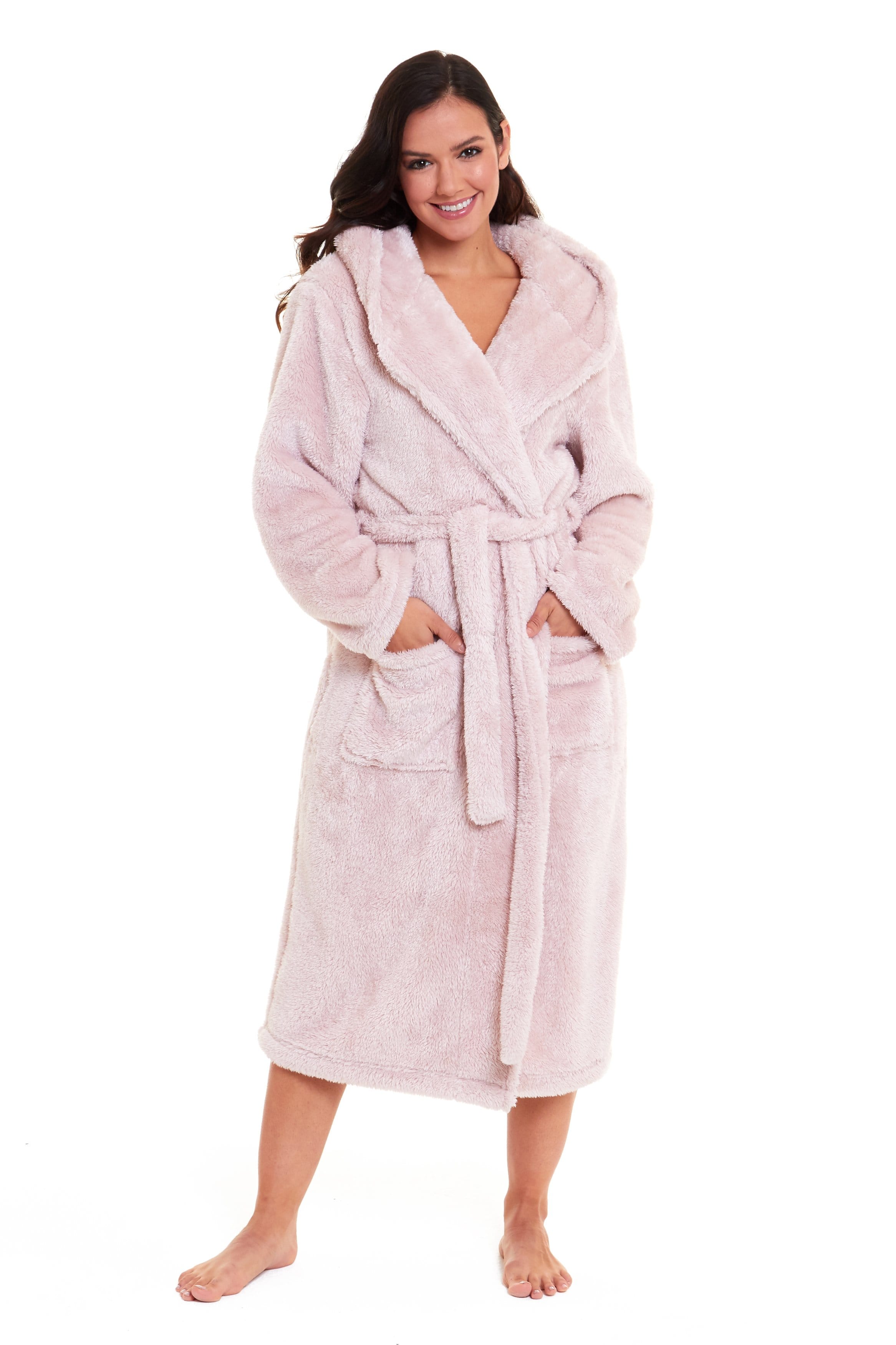 OLIVIA ROCCO Women's Pink Snuggle Fleece Hooded Robe Velvet Touch Dressing Gown Super Soft Cosy Home Loungewear