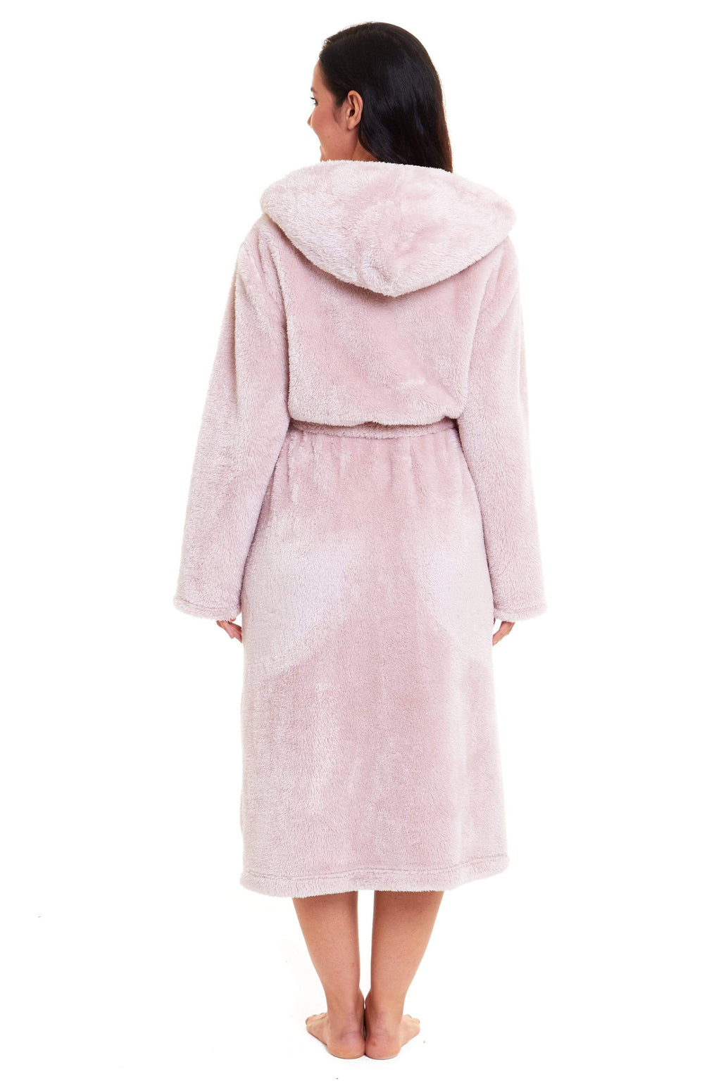 OLIVIA ROCCO Women's Pink Snuggle Fleece Hooded Robe Velvet Touch Dressing Gown Super Soft Cosy Home Loungewear