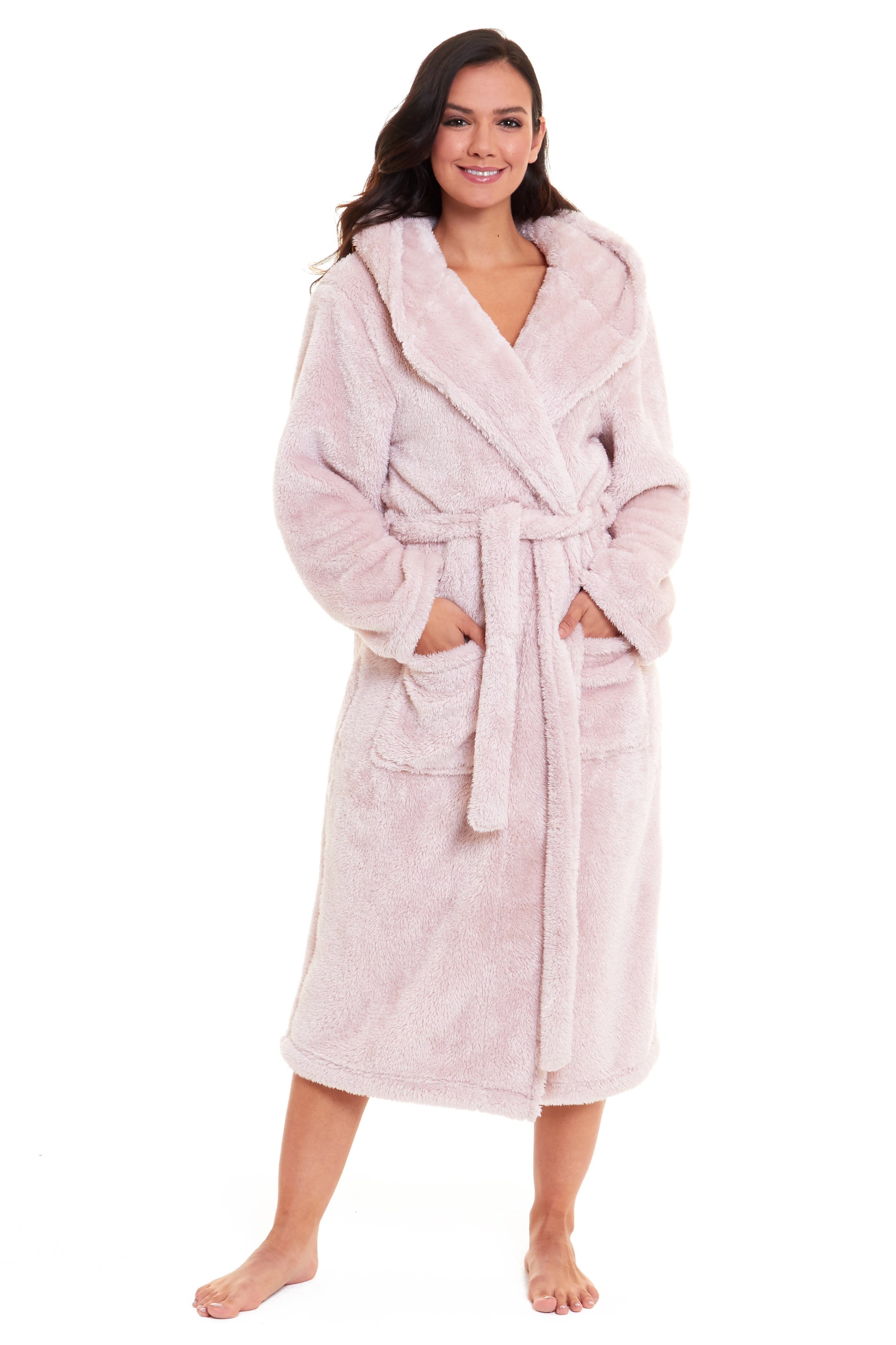 OLIVIA ROCCO Women's Pink Snuggle Fleece Hooded Robe Velvet Touch Dressing Gown Super Soft Cosy Home Loungewear