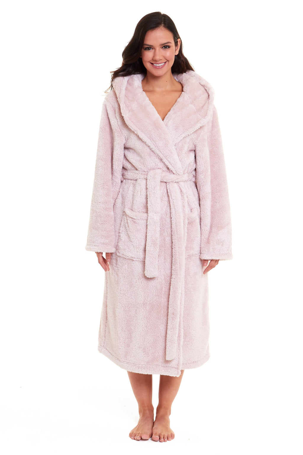 OLIVIA ROCCO Women's Pink Snuggle Fleece Hooded Robe Velvet Touch Dressing Gown Super Soft Cosy Home Loungewear