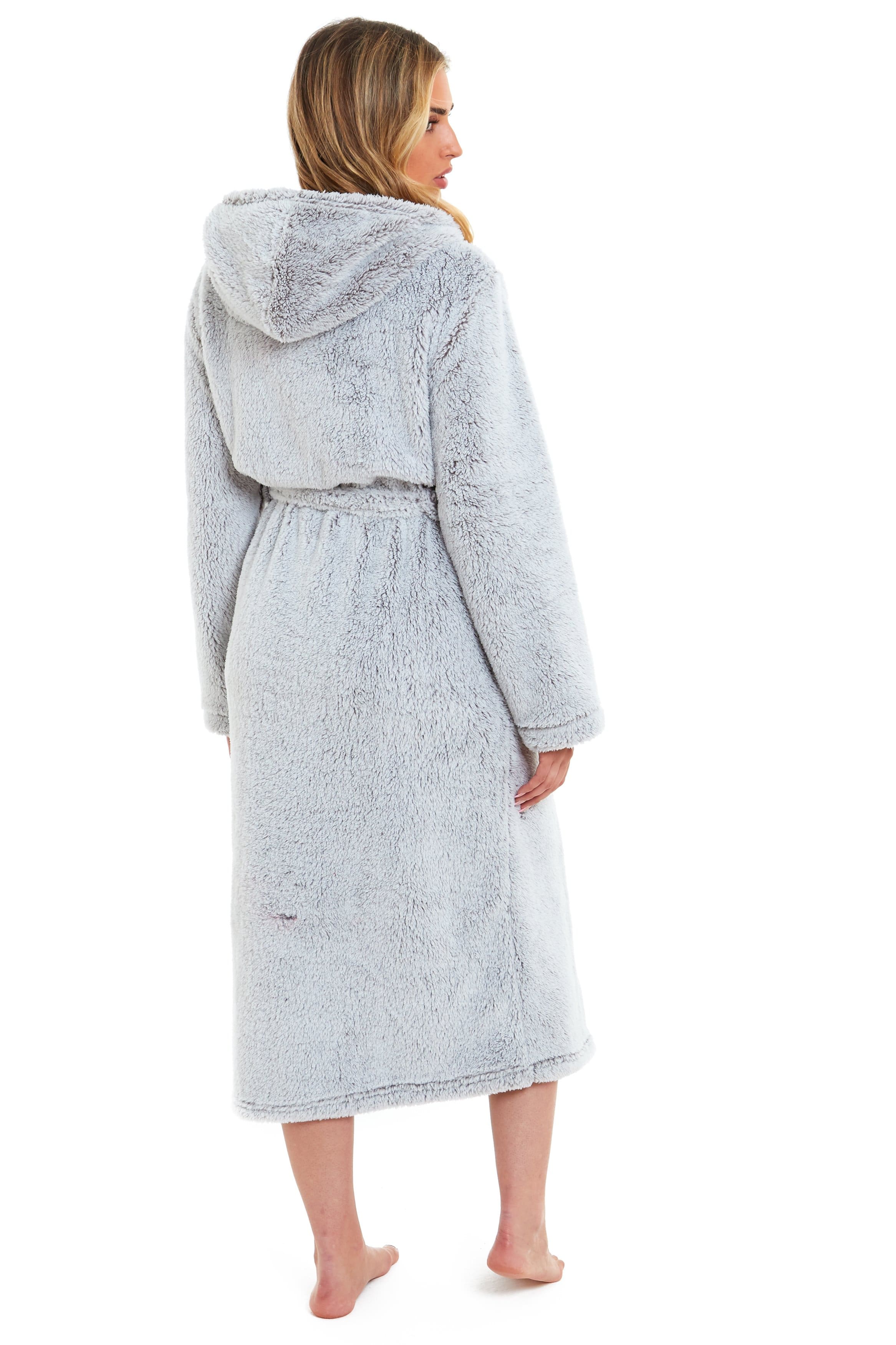 OLIVIA ROCCO Women's Shimmer Grey Snuggle Velvet Touch Fleece Hooded Robe Dressing Gown