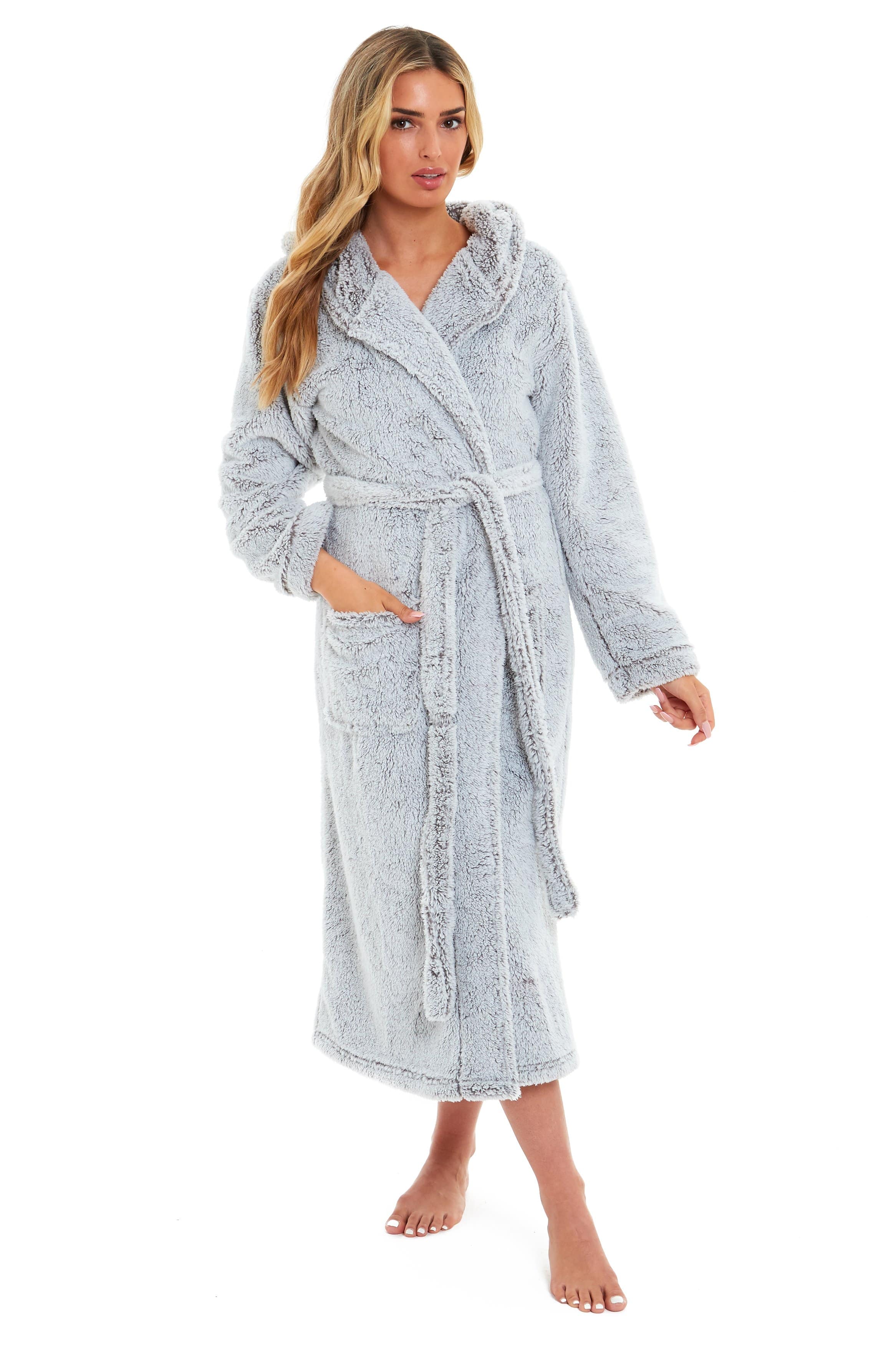OLIVIA ROCCO Women's Shimmer Grey Snuggle Velvet Touch Fleece Hooded Robe Dressing Gown