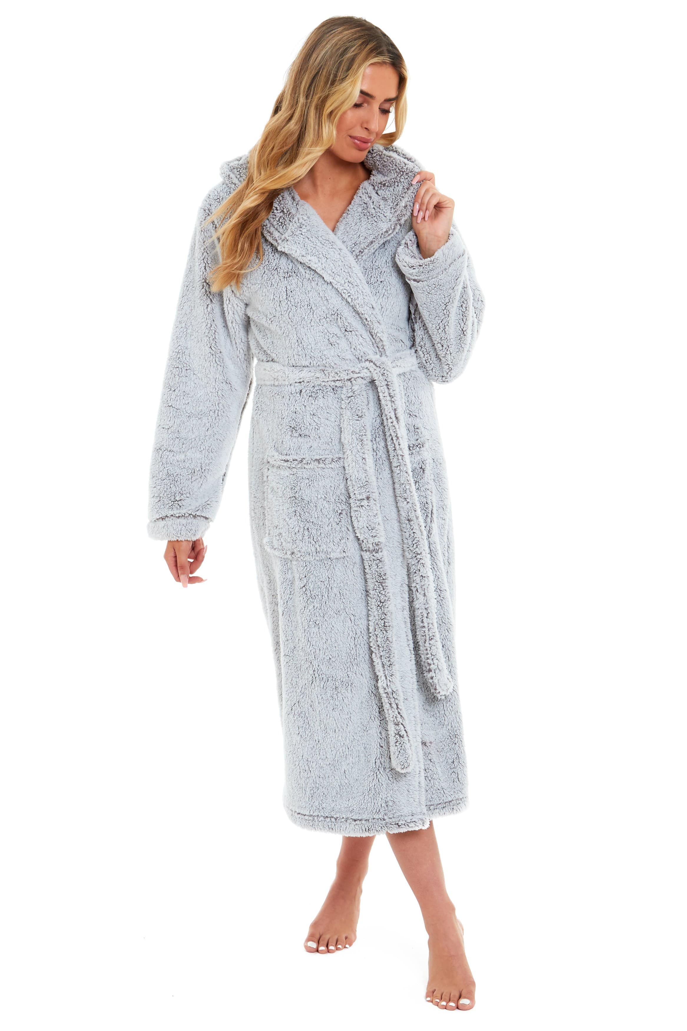 OLIVIA ROCCO Women's Shimmer Grey Snuggle Velvet Touch Fleece Hooded Robe Dressing Gown