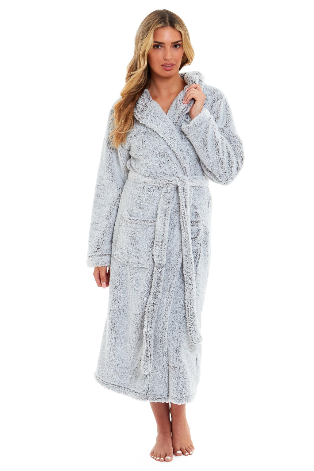 OLIVIA ROCCO Women's Shimmer Grey Snuggle Velvet Touch Fleece Hooded Robe Dressing Gown