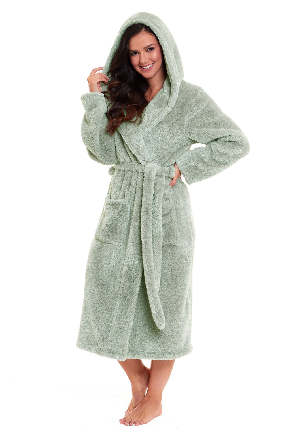 OLIVIA ROCCO Womens Sage Green Fleece Touch Hooded Robe Extra Long Ultra Soft Velvet-Feel