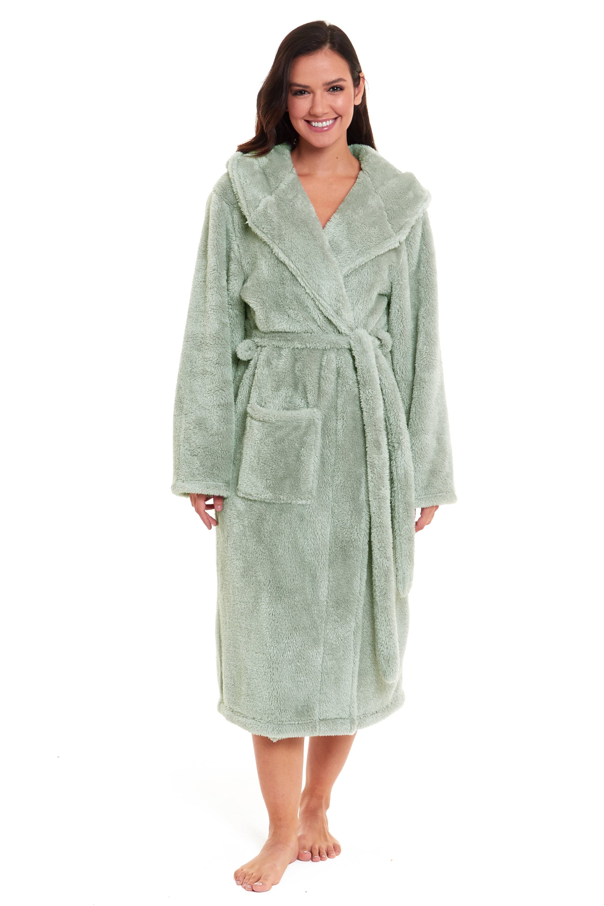 OLIVIA ROCCO Womens Sage Green Fleece Touch Hooded Robe Extra Long Ultra Soft Velvet-Feel