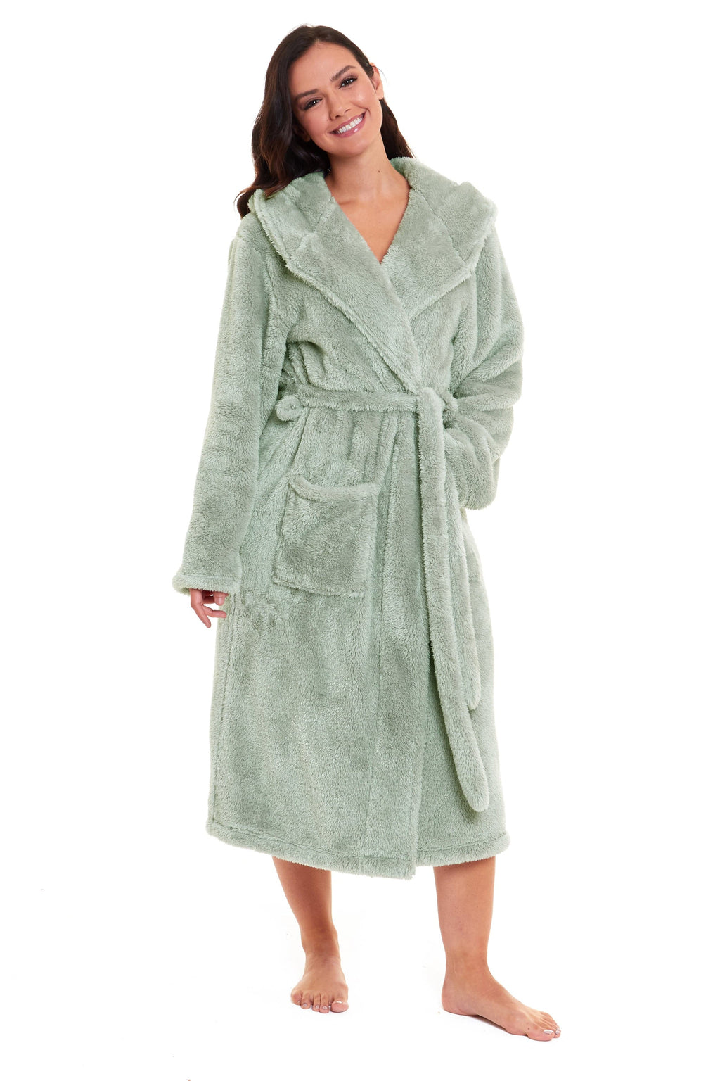 OLIVIA ROCCO Womens Sage Green Fleece Touch Hooded Robe Extra Long Ultra Soft Velvet-Feel