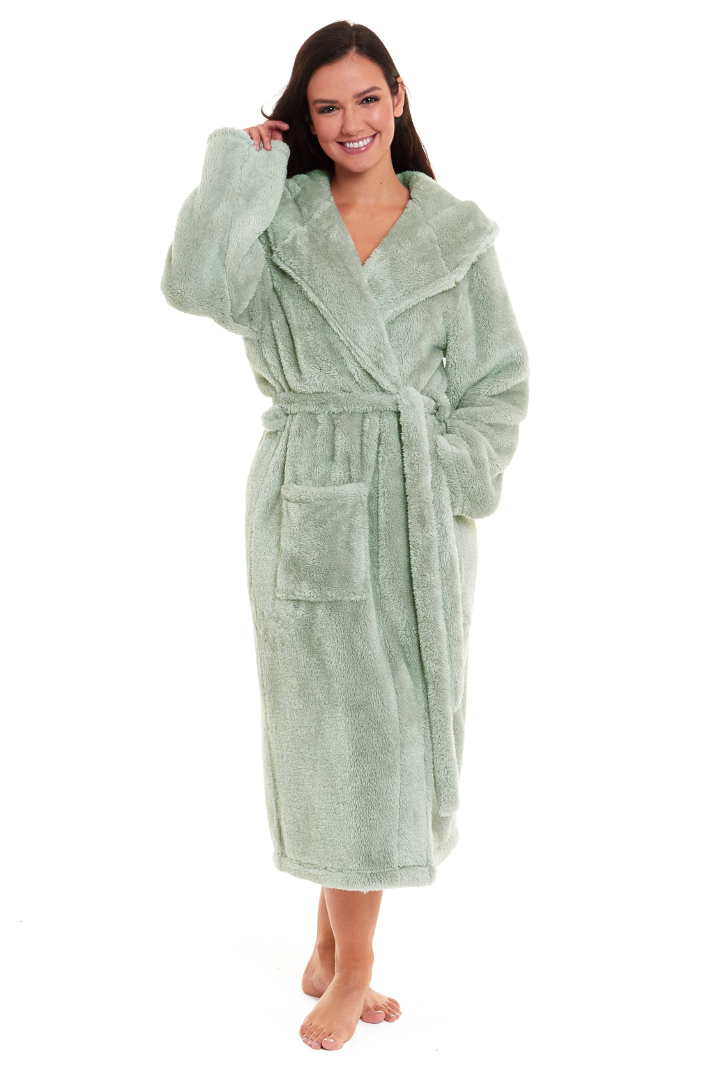 OLIVIA ROCCO Womens Sage Green Fleece Touch Hooded Robe Extra Long Ultra Soft Velvet-Feel
