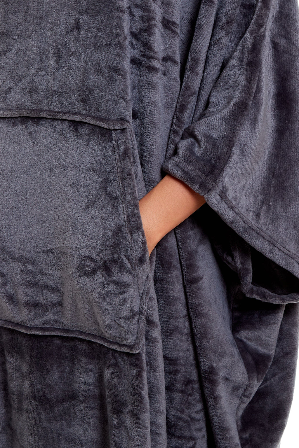 OLIVIA ROCCO Women's Oversized Hooded Poncho Blanket Plush Fleece Navy Charcoal Cosy Sofa and Bedroom Layering