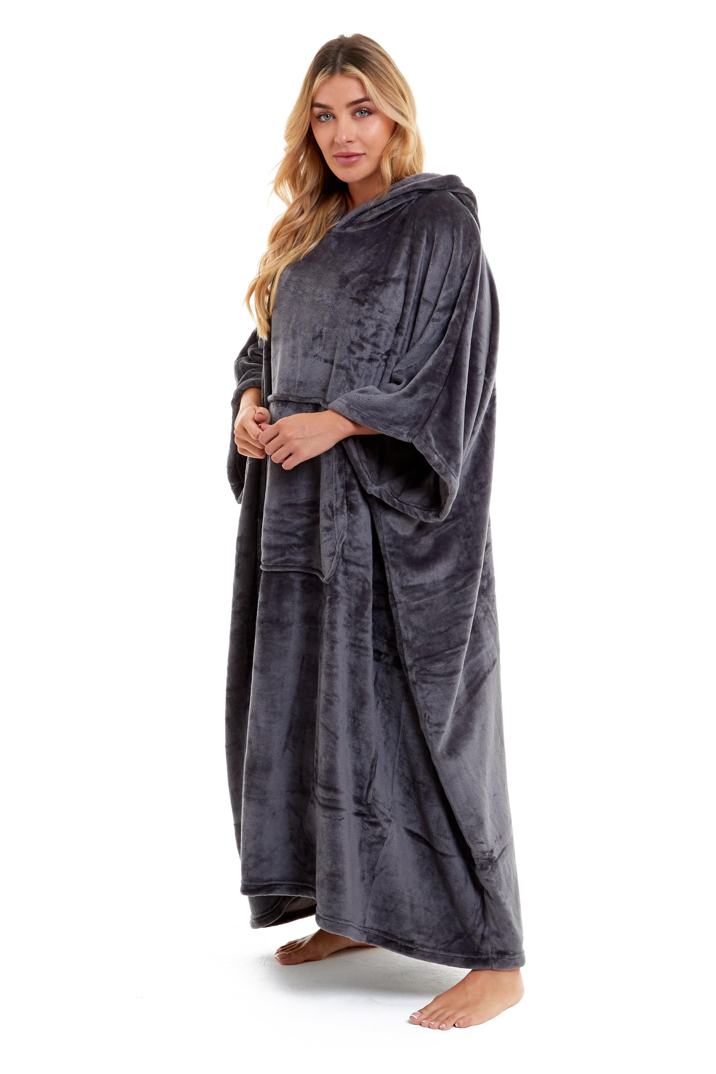 OLIVIA ROCCO Women's Oversized Hooded Poncho Blanket Plush Fleece Navy Charcoal Cosy Sofa and Bedroom Layering
