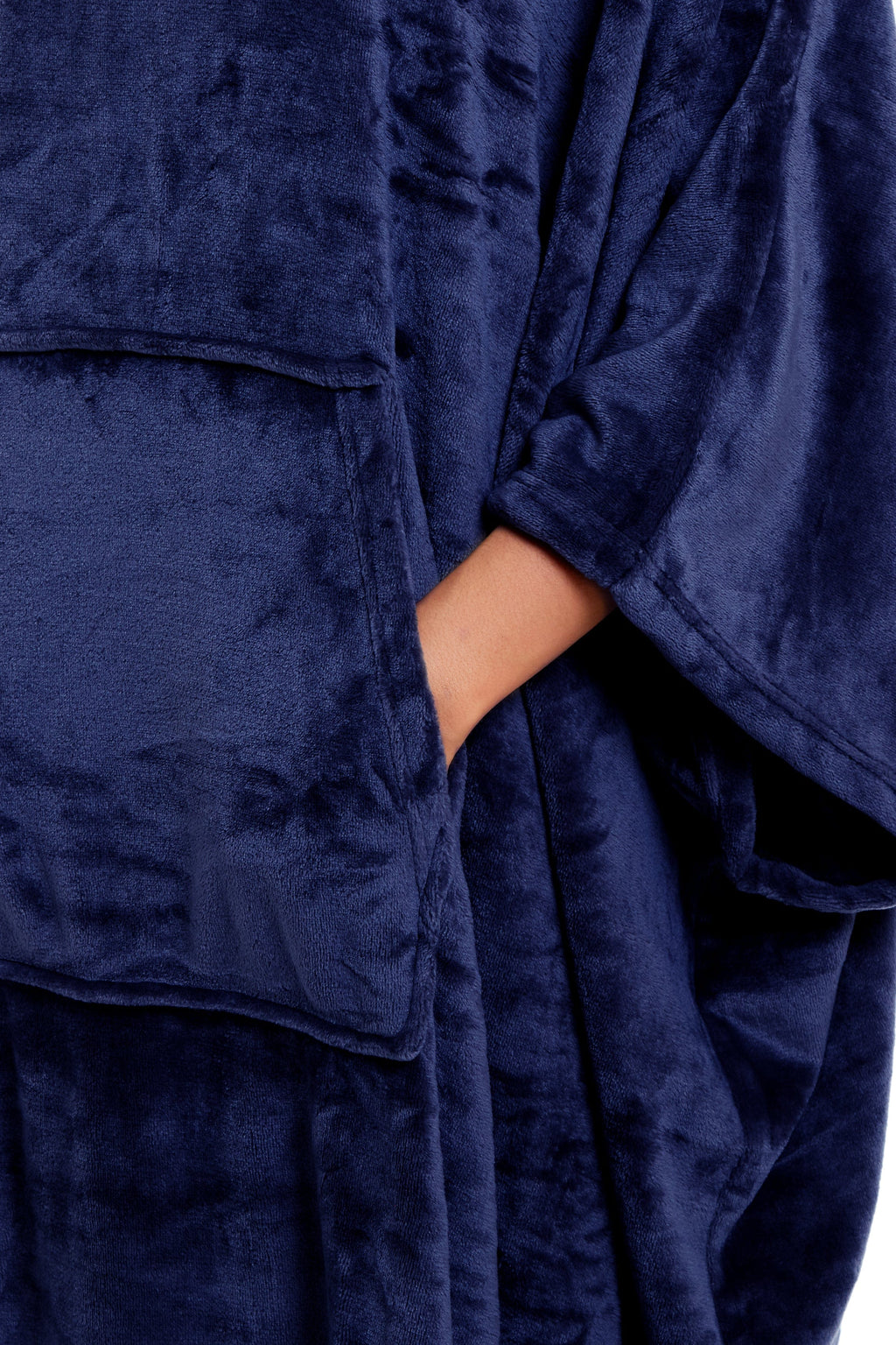 OLIVIA ROCCO Women's Oversized Hooded Poncho Blanket Plush Fleece Navy Charcoal Cosy Sofa and Bedroom Layering
