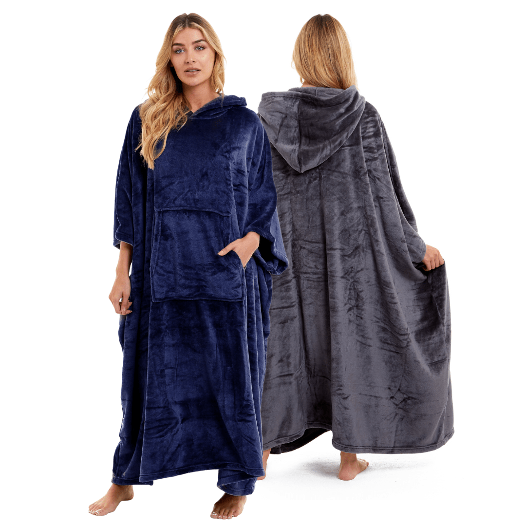 OLIVIA ROCCO Women's Oversized Hooded Poncho Blanket Plush Fleece Navy Charcoal Cosy Sofa and Bedroom Layering