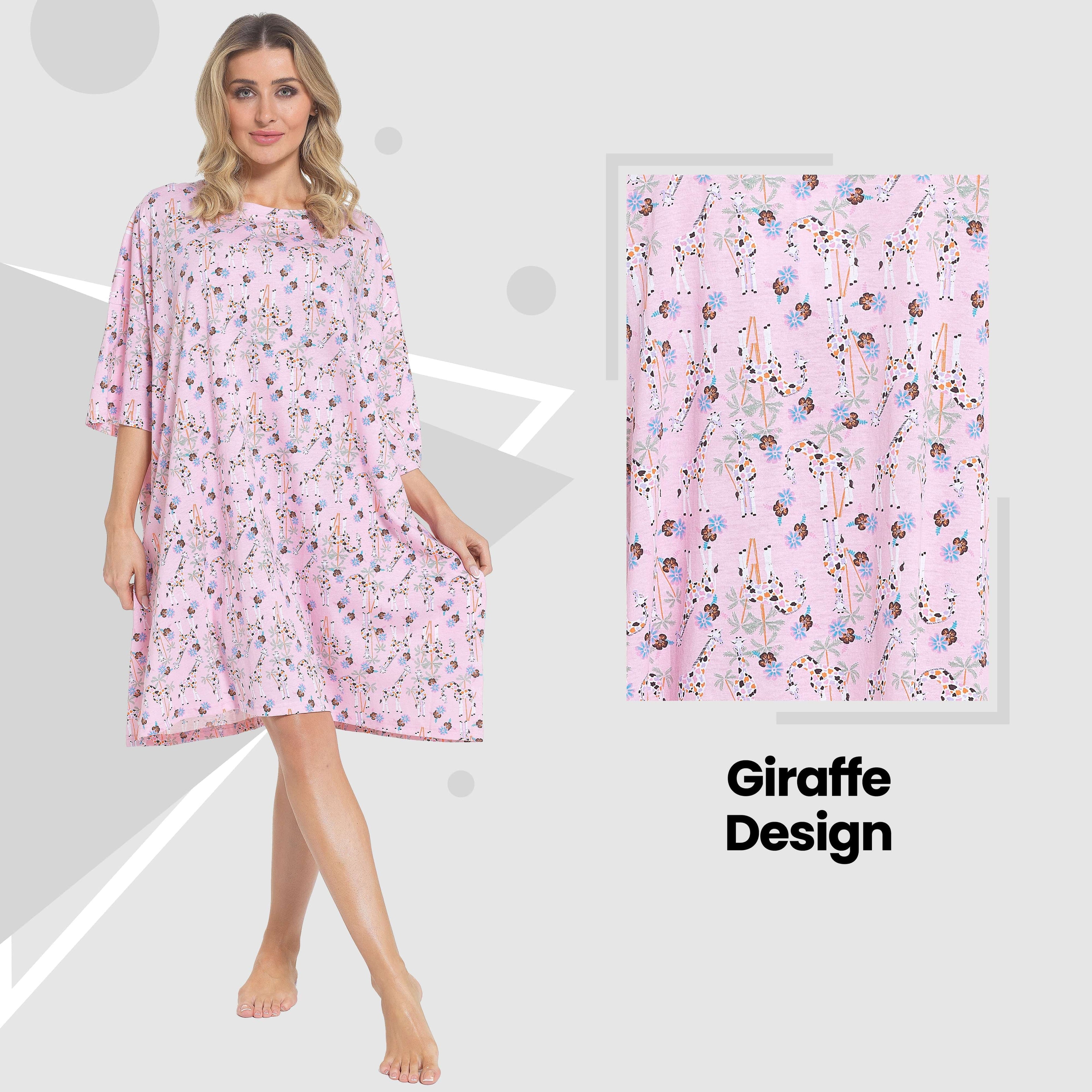 OLIVIA ROCCO Giraffe Print Nightshirt Women Baggy 100% Cotton Short Sleeve Oversized
