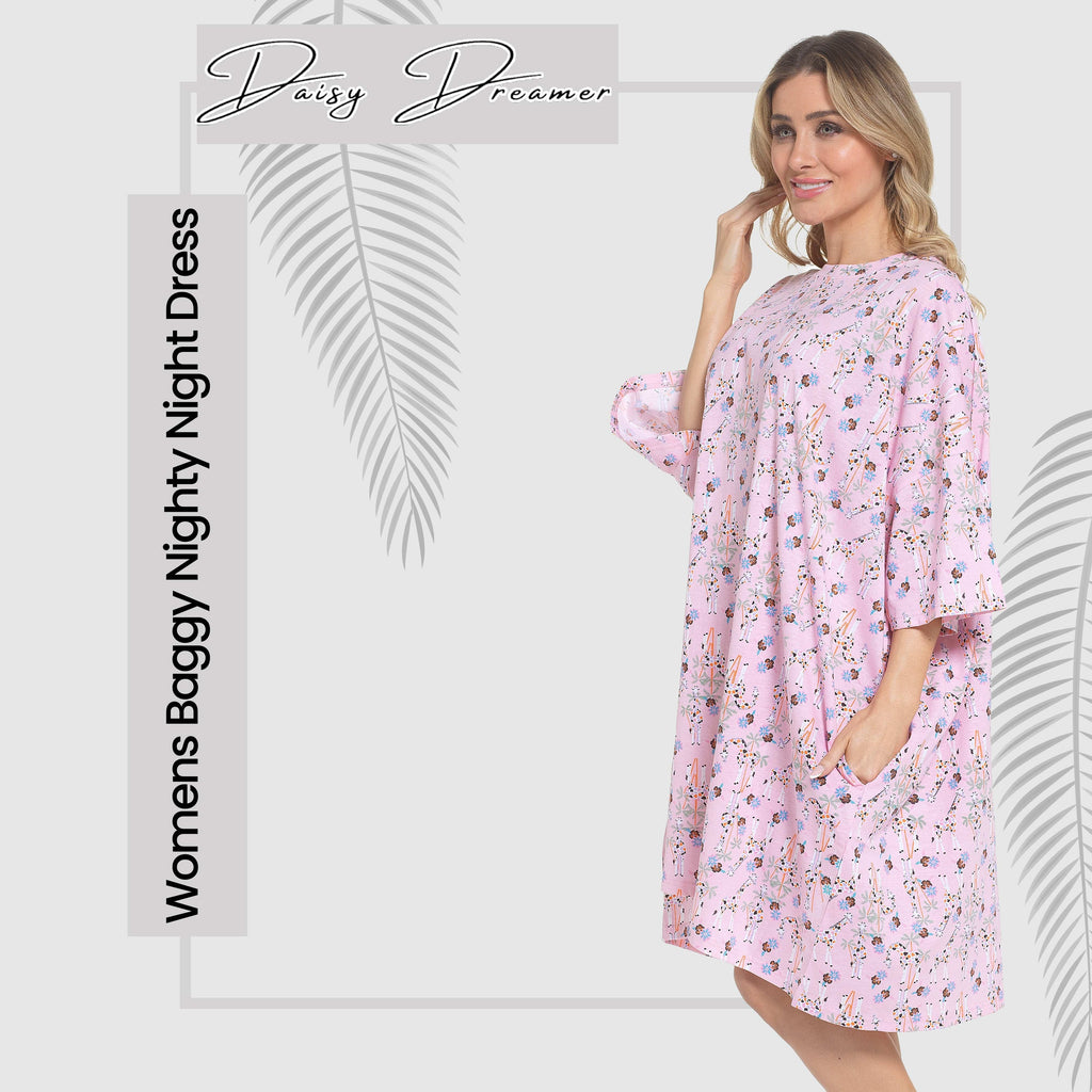 OLIVIA ROCCO Giraffe Print Nightshirt Women Baggy 100% Cotton Short Sleeve Oversized