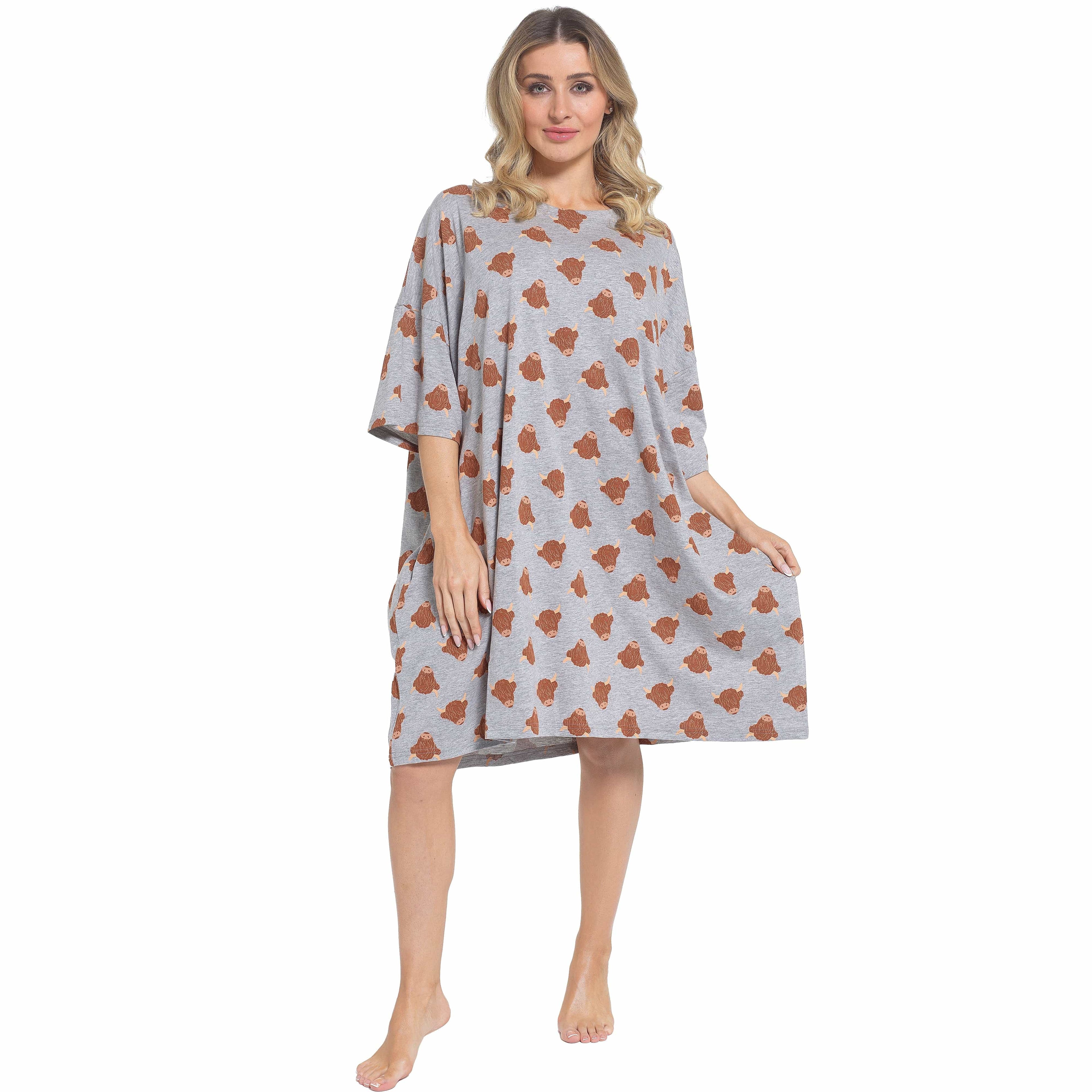 OLIVIA ROCCO Ladies Highland Cow Cream Baggy Nightdress Oversized T Shirt Nightshirt 100% Cotton Super Soft Cosy Home Loungewear