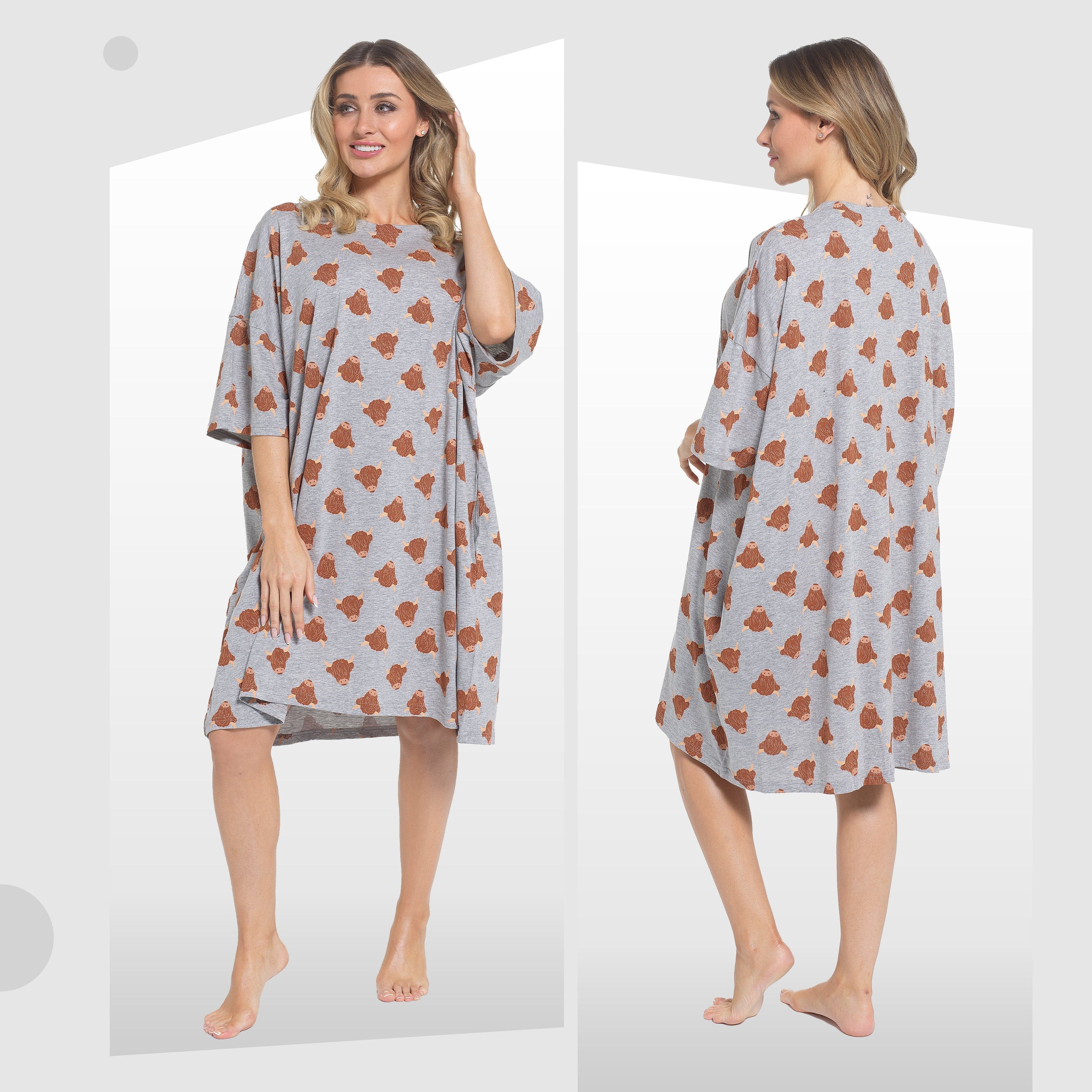 OLIVIA ROCCO Ladies Highland Cow Cream Baggy Nightdress Oversized T Shirt Nightshirt 100% Cotton Super Soft Cosy Home Loungewear