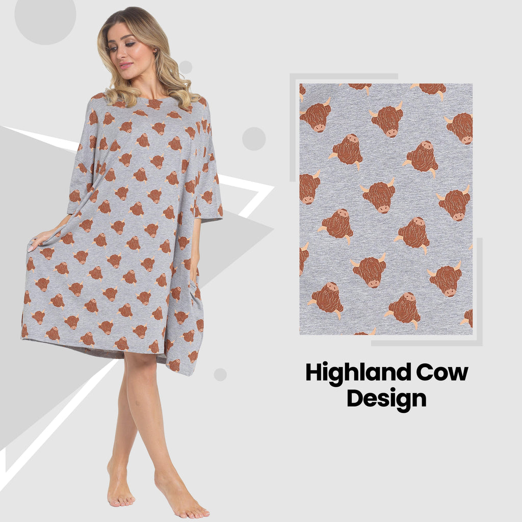 OLIVIA ROCCO Ladies Highland Cow Cream Baggy Nightdress Oversized T Shirt Nightshirt 100% Cotton Super Soft Cosy Home Loungewear