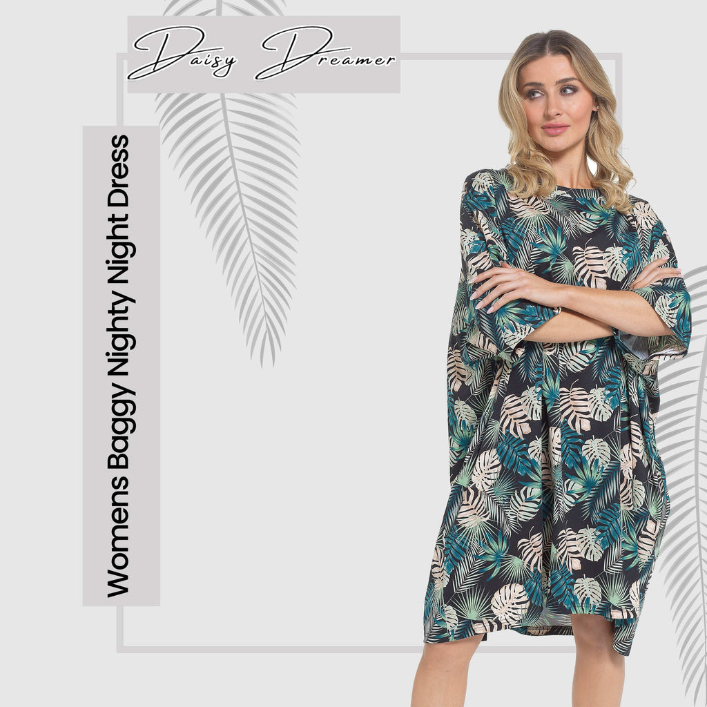 OLIVIA ROCCO Women's Tropical Baggy Nightdress 100% Cotton Oversized Short Sleeve