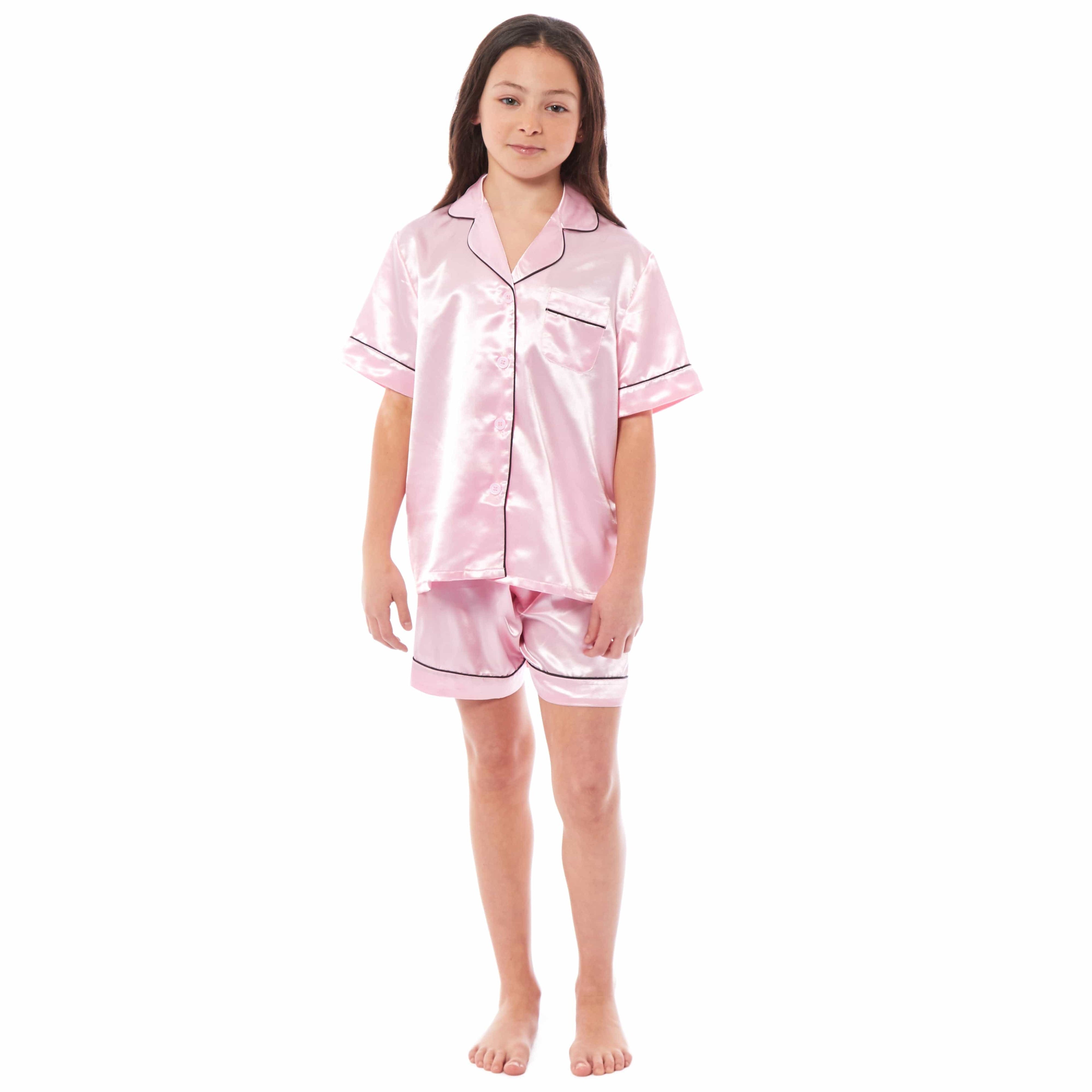 OLIVIA ROCCO Girls Satin Silk Short Pyjama Set Button Down Shirt And Loose Fitting Pants