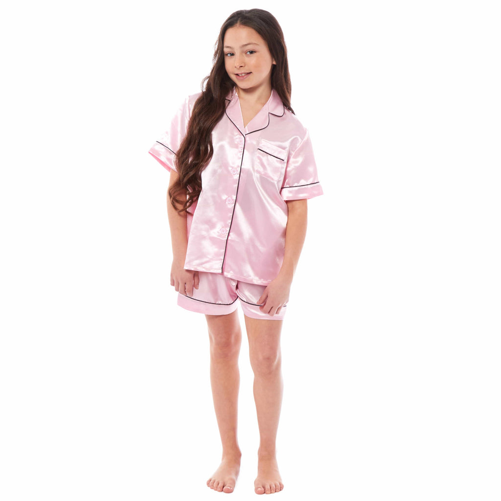 OLIVIA ROCCO Girls Satin Silk Short Pyjama Set Button Down Shirt And Loose Fitting Pants