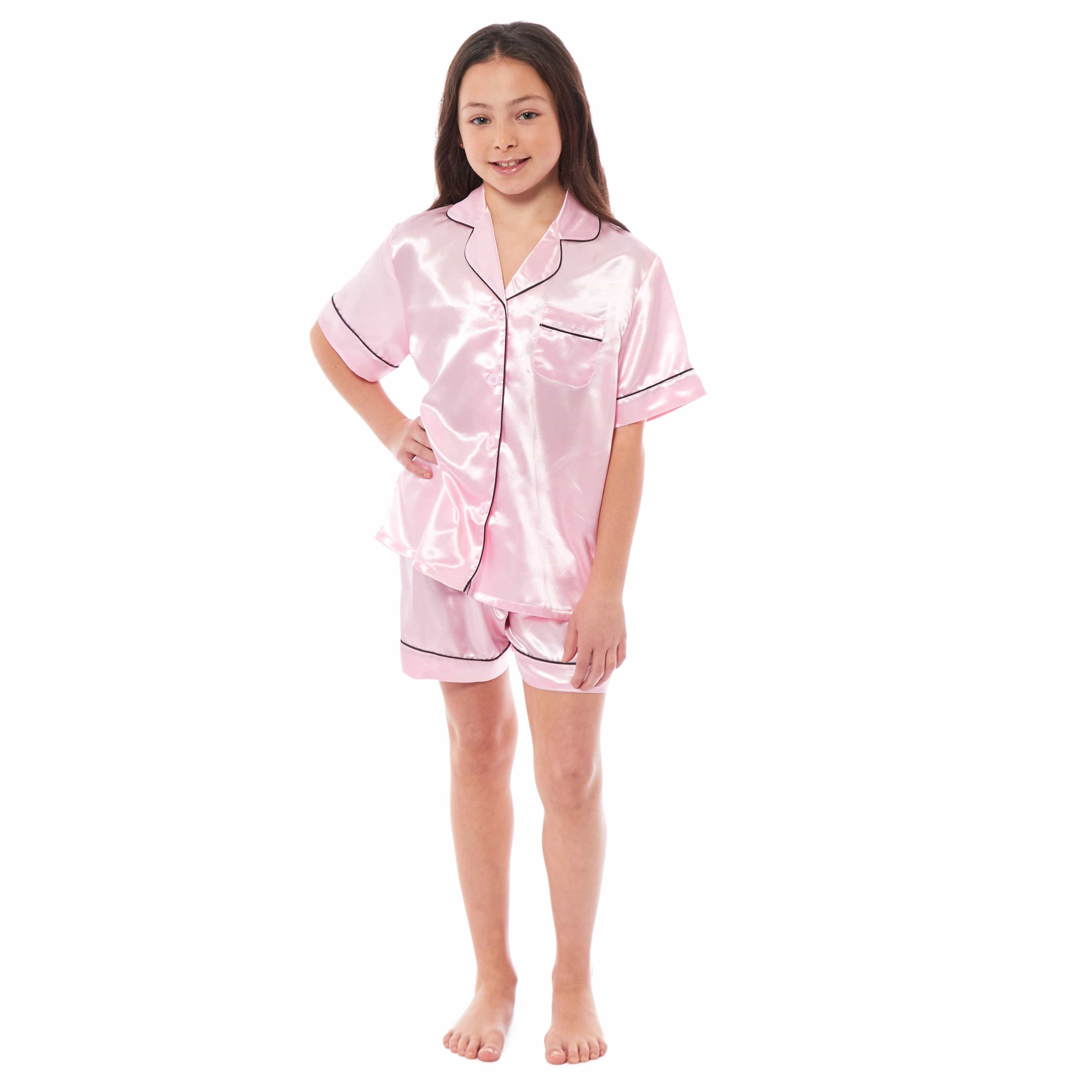 OLIVIA ROCCO Girls Satin Silk Short Pyjama Set Button Down Shirt And Loose Fitting Pants